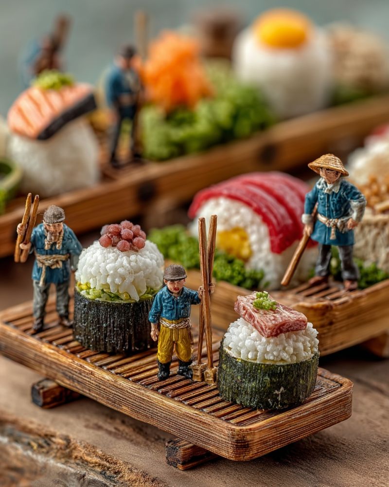 Food sushi rice decoration miniature wooden table carpenter carpentry tools workshop A miniature scene featuring tiny figurines of people dressed in traditional Japanese attire, standing on a wooden platform. The platform is laden with intricately crafted miniature food items, including sushi rolls, rice balls, and other Japanese dishes. The figurines are holding sticks, and some are wearing hats. The food items are artistically arranged, with some featuring vibrant colors and detailed toppings. The background is slightly blurred, focusing attention on the miniature food and figurines.