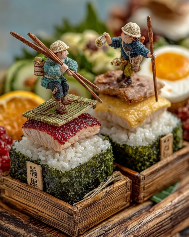 Food decoration rice fish egg fruit wooden box stick toy miniature japanese cuisine creative gourmet culinary delicious appetizing Miniature présentation de nourriture qui ressemble à une boîte à bento japonaise traditionnelle. À gauche, il y a un rouleau de sushi avec une tranche de saumon et du caviar rouge sur le dessus, enveloppé dans de l'algue et reposant sur un lit de riz. À côté, il y a un autre rouleau de sushi avec une tranche de poisson et de la sauce jaune, également enveloppé dans de l'algue et du riz. Les deux rouleaux sont placés dans de petites boîtes en bois. En arrière-plan, il y a des éléments alimentaires supplémentaires, y compris un oeuf frit, une tranche d'orange et un concombre. Deux petites figurines de fermiers japonais se tiennent sur les rouleaux de sushi, tenant des bâtons en bois et portant des vêtements traditionnels japonais