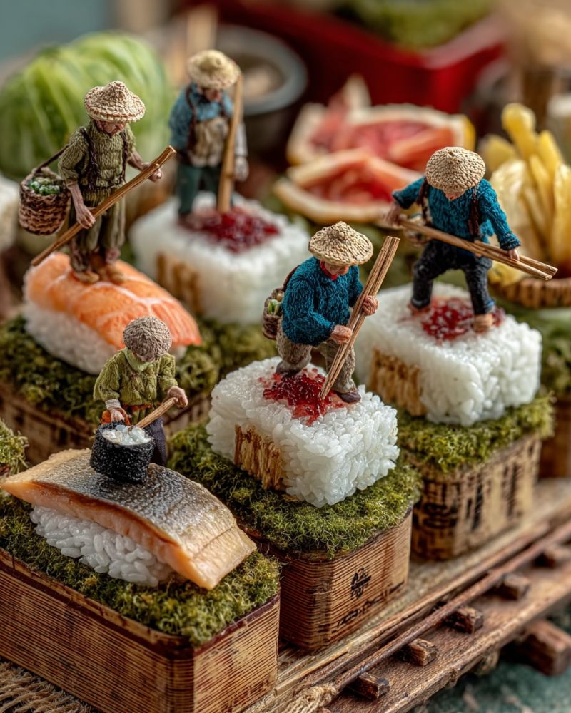 Food sushi rice fish miniature decoration table wooden craft sculpture people farmers tools basket cabbage fruit bowl dish meal A miniature scene depicts a group of tiny figures dressed in traditional Japanese attire, standing on small rice cakes. Each figure is engaged in various activities, such as holding a basket, a stick, or a pot. The rice cakes are arranged on a wooden platform, with some topped with slices of salmon and garnished with red and green toppings. Surrounding the platform are additional miniature food items, including a bowl of sliced fruit, a cabbage, and a red container. The scene is set against a back of a wooden table and a green surface.