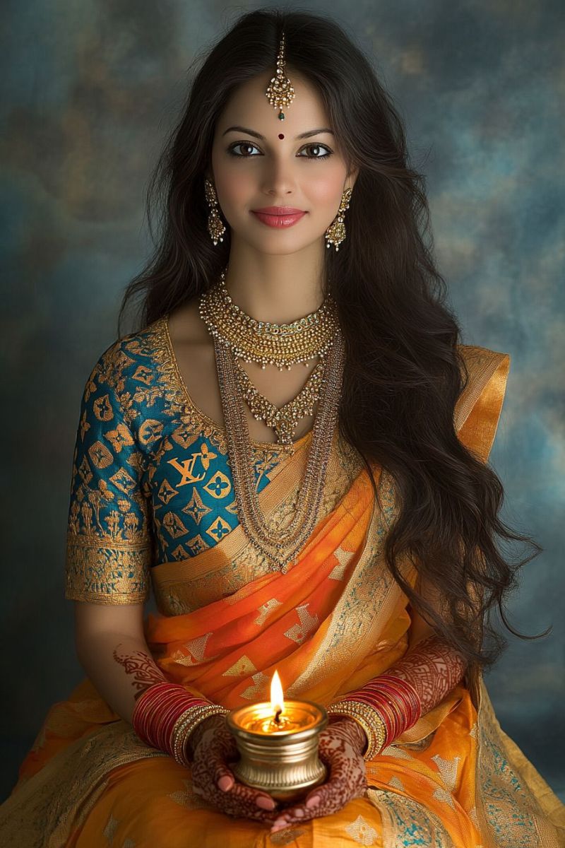 Mariee sud asie traditionnelle indienne ceremonie mehndi mode festive asiatique habillement culturel femme belle La femme possède des cheveux noirs longs et est ornée de vêtements traditionnels indiens, spécifiquement une saree avec un chemisier et un dupatta porté sur son épaule. La sarree ressemble à être de couleur claire avec un motif qui pourrait être floral ou paisley. Elle porte également des maquillages lourds, avec du kohl autour de ses yeux et un rouge à lèvres. De plus, elle a une anneau au nez et tient dans sa main droite une petite chandelle. Son expression faciale est calme et serene et elle semble se pose pour la photographie. Il y a des éléments décoratifs sur son front et sur les oreilles, qui pourraient être des bangles ou d'autres bijoux traditionnels. Le fond est plat et sans caractère, ce qui suggère que cela pourrait être un cadre de studio.