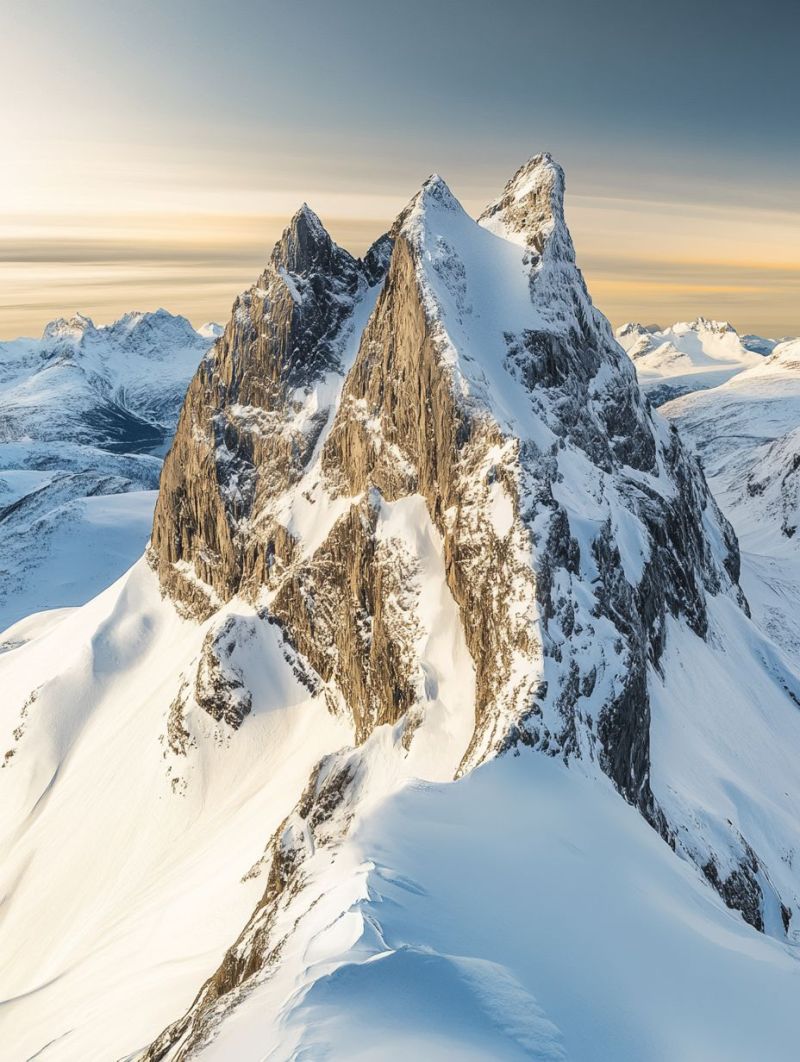 Mountain snow sky rock peak winter ice glacier cliff valley ridge frost frosty morning The image showcases a breathtaking view of a snowy mountain range. The mountains are covered in thick snow, with some areas showing rocky outcrops. The peaks are sharp and jagged, rising dramatically against the clear blue sky. The snow reflects the soft light of the setting sun, creating a serene and majestic atmosphere. The sky is a mix of blue and orange hues, indicating the time of day is either sunrise or sunset. The overall scene is peaceful and awe-inspiring, highlighting the beauty of nature.