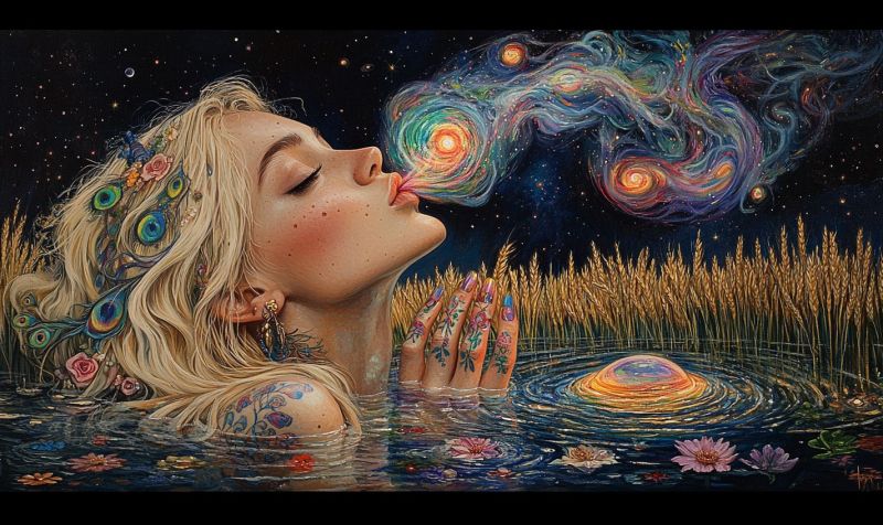 Rendering female surrealism science fiction fantasy astronomy cosmic dreamlike stylized human colorful woman with long blonde hair, standing in what appears to be a body of water. She is blowing bubbles that resemble planets and stars, creating an ethereal effect around her head. Her attire consists of a crown made of plants or flowers adorning her hair. The background features a night sky filled with stars, suggesting a setting during the evening or nighttime hours. There's also a swirl of cosmic dust in the air surrounding her face. She is looking upwards, possibly at the celestial display above her. The artwork has a whimsical and fantastical feel to it.