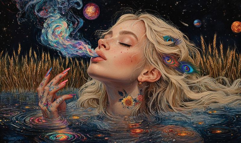 Fantasy painting woman smoking colorful portraiture pink hair cosmic stargazing surreal intricate detailing colo tranquil scene in a natural landscape. It shows a solitary figure, possibly a meditating person or a wanderer, standing atop rugged terrain with a vast expanse of mountains in the background. The sky is golden, suggesting either dawn or dusk, and there are towering clouds that add depth to the image. The lighting suggests it could be late afternoon or early evening. The figure appears to be facing away from the viewer, towards the mountains, which creates a sense of contemplation or introspection. There are no texts visible in the image.