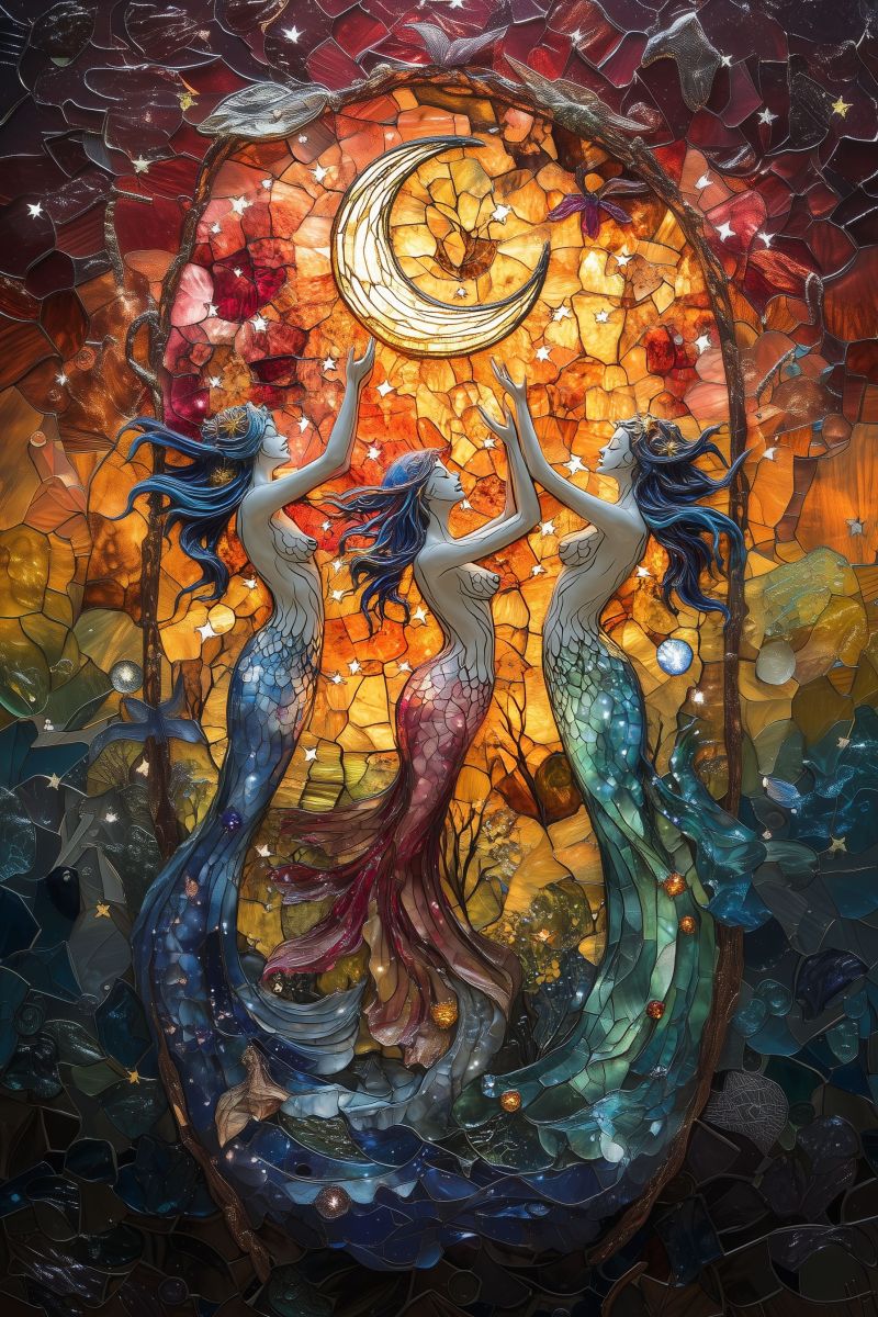 Mosaique verre tourne mermaid sympathique mais peu courant murale fantaisiste coucher soleil lune eclairee representee naturel La fenêtre en verre coloré avec un dessin abstrait présente divers éléments et couleurs qui lui confèrent une apparence vivante et artistique. À la base de l'image, des figures ressemblent aux mermaids, ainsi que du feuillage ou des plantes. Au centre, il y a une pleine lune, partie importante de la composition, ce qui suggère un paysage nocturne. Le fond est parcouru de rayures de couleur et ce qui semble être une réflexion, probablement de la lumière source, ajoutant profondeur à la pièce. Il n'y a aucun texte visible dans l'image. Le style de l'oeuvre d'art est similaire au verre coloré traditionnel avec des motifs complexes et des couleurs vives qui créent une sensation de profondeur et de texture.