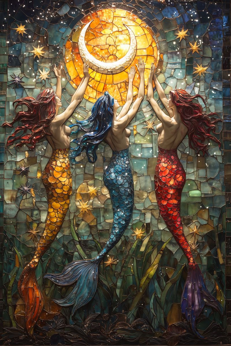 Glace mere oeuvre sailor moon celeste aquatique mosaique fantaisie mythologie queue mermaidine ocean verre tachete Une photographie d'un artwork de verrier présentant un lever ou un coucher de soleil avec des éléments stylisés. Au centre se trouvent trois femmes représentées dans une maniére simpliste et quelque peu stylisée, rappelant les mosaïques classiques ou l'art du verrier. Elles semblent être des mermaids, caractérisées par leurs queue de poisson et cheveux qui s'enroulent autour d'elles. La femme à gauche est dépeinte avec sa queue dans des teintes de bleu et de vert, ce qui suggère un thème océanique. Elle semble flotter ou nager dans l'eau. La figure du milieu a une queue tonalité rouge et tend vers le soleil, qui jette des rayons sur son visage. Ses cheveux bougent autour de sa tête d'une manière dynamique. La femme à droite a également une queue vibrantement teintée en rouge et semble faire de la danse ou tourner. Les éléments environnants sont composés de divers éléments océaniques, tels que des poissons, des algues et autres créatures marines, rendus dans des couleurs comme le bleu, le vert et l'orange. Ces détails contribuent à la thèse nautique globale du artwork. Le fond présente une lune crenellée au-dessus de l'horizon, ce qui contribue à l'atmosphère calme de cette pièce. Le soleil au centre supérieur est détaillé avec des rayons jaunes émanant de lui, créant un sentiment de chaleur et de tranquillité. La lune dans le ciel a une lumière subtile autour d'elle, ce qui suggère soit le lever du soleil soit le coucher du soleil. L'impression globale est celle de la paix et de la beauté de la nature.