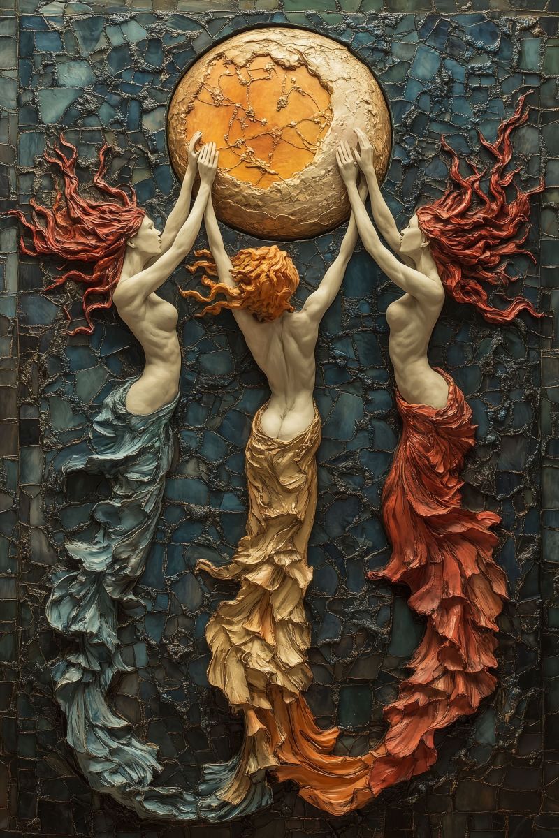Oeuvre mosaique lune nuit masculines unite connexion decoration mur L'oeuvre d'art se démarque par une grande lune stylisée au centre de la composition. À gauche de la lune, il y a une figure féminine avec des cheveux enchevêchés, vêtue d'un vêtement bleu et tenant une torche entre les mains élevées. Sa posture suggère le mouvement ou la danse. Au droit de la lune se trouve une autre figure qui semble être une femme aux cheveux rouges, tenant également une torche. Elle adopte une attitude plus réfléchie. Le fond est un bleu sombre, possiblement représentant la nuit et incluant ce qu'apparaît être des mosaïques de pierres en azur. Au-dessus des figures, il y a un élément décoratif intrincat qui pourrait être interprété comme une étoile ou un corps céleste composé de petites pièces décoratives, ajoutant au thème mythique ou magique de l'oeuvre d'art. La partie inférieure de l'image montre la queue d'une créature avec des écailles, ressemblant à une sirène ou mermaid, qui tient également une torche et semble tenir une posture nageante, avec son torse partiellement submergé dans l'eau en dessous. Le style général de l'oeuvre d'art semblent être inspiré par l'art des mosaïques anciens, ce qui pourrait suggérer un lien entre les figures et les créatures marines ou océaniques.