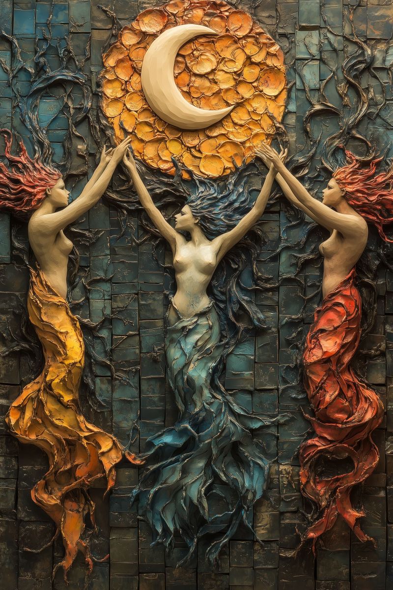 Atelier religieux murale decoration lune etoiles iconographie religieuse heritage main fantastique spirituel feminin repres Cette image est une oeuvre d'art représentant une sculpture accrochée au mur avec plusieurs éléments. Au centre, se trouve une figure abstraite qui semble flotter ou s'élever au-dessus du plan de vision du regardeur, avec la main gauche tendue vers le ciel et la main droite tenant ce qu'on pourrait interpréter comme un globe lumineux ou soleil. Cette figure centrale a deux visages sur les côtés, lui conférant une dualité. L'un des visages sourit en l'air et regarde le ciel, tandis que l'autre visage est tourné loin et semble être dans un état de sommeil ou de repos. Les trois figures supplémentaires entourant cette figure centrale semblent danser ou accomplir une action rituelle autour du central figure. Elles ont des cheveux sauvages et sont ornées de ce que l'on pourrait interpréter comme des flammes ou de l'énergie en mouvement sur la tête. Leur tenue est indistincte mais évoque un aspect ancien ou tribale. Le fond de l'oeuvre d'art présente des motifs complexes qui ressemblent aux cartes stellaires ou aux cartes célestes. Il y a une lune pleine prompante, suggérant une scène nocturne. La palette chromatique comprend divers tons bleu, jaune et rouge, créant un atmosphère chaude mais autresworldly. Le style de l'oeuvre d'art ressemble à la métallurgie, avec attention aux détails dans les textures et les techniques de craftsmanship, surtout perceptible dans la façon dont le jour se reflète sur la surface métallique. La thèse semble être celle de l'espoir, de la célébration ou d'une réunion mystique sous la lumière de la lune.