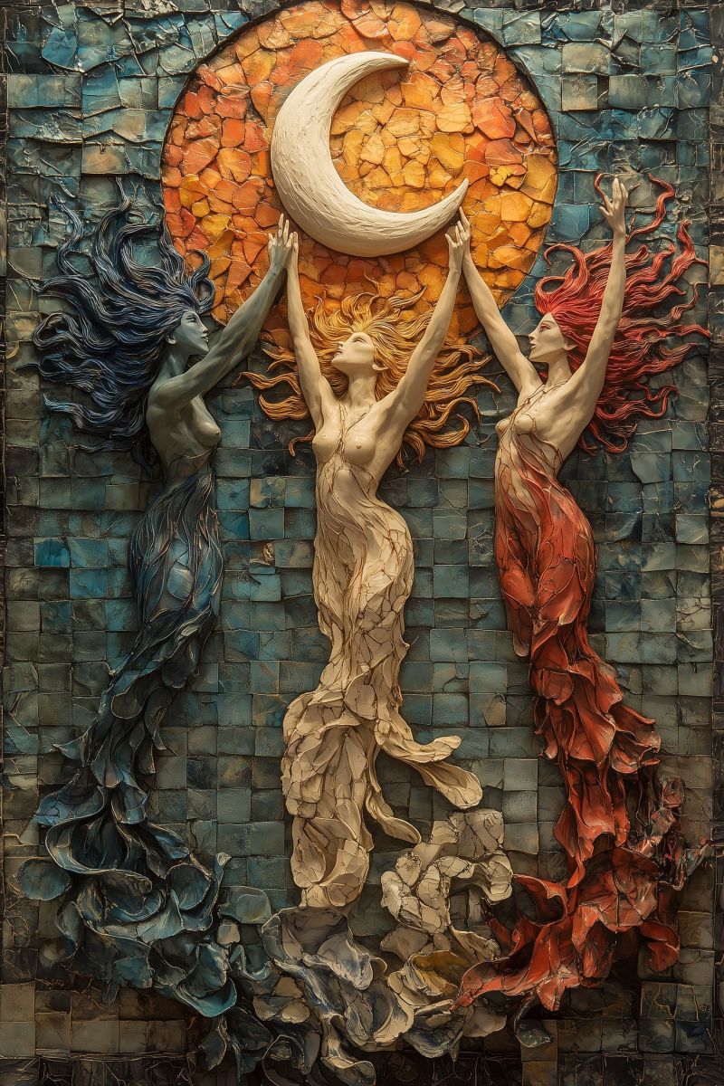 Vitraux vitral moderne religieux spirituel tapisserie expression biais contemporains Cette image est un artwork en style de mosaïque stylisé représentant trois figures. La figure centrale est une femme aux cheveux longs qui s'étendent dans le bas comme des vagues et portent un costume rouge et doré, se tendant vers la lune. Ses yeux sont fermés et elle semble être en état d'extase ou de prière. De chaque côté, deux figures qui semblent être des mer-Reines ou des créatures mythiques du monde aquatique. Ils ont une queue de poisson et des écailles et leurs cheveux sont teints comme les vagues à l'eau. Ils se tiennent debout avec un bras levé vers le ciel, ajoutant une dimension de mouvement ou de danse. Au-dessus d'eux est un grand soleil dont les rayons émanent, suggérant un coucher de soleil ou un lever de soleil, étant donné sa position par rapport à la ligne horizontale du horizon. La lune est également visible, placée haut dans le ciel et projetant une forme de croissant sur les figures en bas. Les morceaux de mosaic sont de couleurs variées—principalement bleues, rouges, vertes et dorées—and il y a un élément de fantasy, comme suggéré par la proportion non réaliste des figures et les détails intricés qui remplissent les espaces entre les mosaïques. Le fond est une profonde bleu, ce qui pourrait représenter l'eau ou le ciel nocturne. L'artwork est probablement destiné à transmettre des thèmes de spiritualité, de nature et peut-être bien le cycle de vie étant donné les éléments célestes présents.