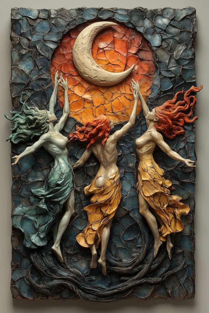 Mosaique decoration murale artfantastique moderne mur coucher soleil lune etoiles femmes surrealisme decorative Une plaque en bois décorative avec un panneau de verre coloré vibrante. Le verre est peint sur trois figures qui semblent se tenir au milieu d'une danse ou d'une célébration, avec une seule figure en premier plan tenant une instrument qui ressemble à un saxophone ou un flûte. Ils sont éclairés par une lumière orange chaude qui suggère le temps soit à la veille du journaux ou au crépuscule, avec une lune pleine visible dans le fond. Le style de l'image est rappelé à l'art de verre coloré classique, suscitant un sentiment de fantaisie et de mouvement par couleur et lumière.