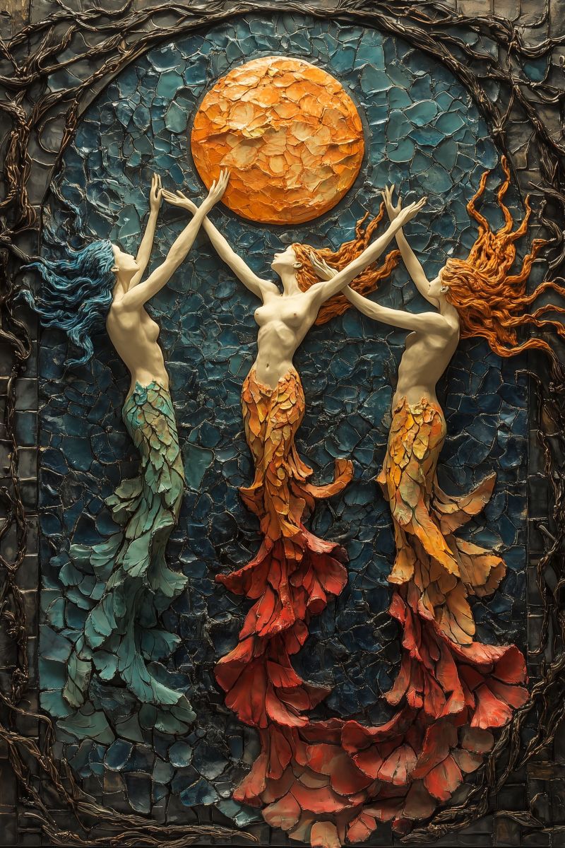 Stylisees merreuses femmes queue poisson depeintes manieriste fantastique grande lune dessus deux ces suggerant conne Scène fantastique qui semble être inspirée par un thème de fantasy ou mythologie. Elle présente trois figures aux cheveux épais et mermaid-like qui flouent, avec des queues, chacun tenant l'autre comme si ce faisait du soutien. Ils sont ornés de couleurs vives, principalement des nuances bleues, rouges et vertes, qui pourraient suggérer qu'ils représentent différents éléments ou émotions. La figure centrale tient un grand orbé qui ressemble à la lune, avec des rayons de lumière provenant de lui. Cela pourrait symboliser l'inspiration, le savoir ou le pouvoir. Au-dessus de cette figure centrale flotte une couronne feuillée, possiblement représentant un élément comme la nature ou la croissance. Le fond environnant est composé de divers textures et pièces, ce qui donne l'impression qu'il pourrait être un mosaïque ou une collerette, ce qui renforce l'esthétique magique de l'oeuvre d'art. La composition globale suggère une célébration de la vie, de la beauté et de l'harmoine. L'oeuvre d'art est extrêmement détaillée et colorée, avec chaque élément contribuant à l'autre pour créer un morceau visuellement attrayant et imaginatif.