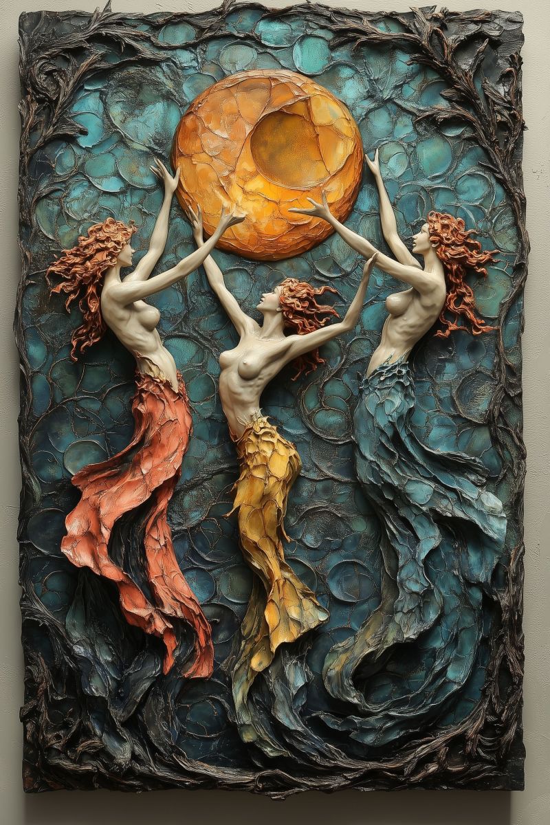 Mixed fantasy illuminee lune feminine surrealisme oceanique creature mythique mermaidie decoration extremite Un panneau de peinture décoratif qui est une oeuvre d'art. Peinture décorative ou sculpture en relief avec un thème fantaisiste ou mythologique. Au centre, il y a trois figures féminines, chacune avec un coiffure distincte : une avec des cheveux longs et bouclés ; une autre avec des cheveux courts et bouclés ; et une troisième avec des cheveux épais et pointus. Elles semblent être des mermaidesses ou des créatures marines aux queues ressemblant à des vagues, posées sur un fond sombre. La figure centrale tient une sphère ronde et lumineuse qui pourrait représenter la lune. Les figures sont ornées de feuilles ou d'écorce, ce qui suggère qu'elles pourraient être des nymphes ou des déesses de la nature. Leurs corps ont des lignes et des courbes en mouvement, qui ajoutent à la sensation artistique et mythologique de l'oeuvre. Le fond comprend une mer sombre et textureuse, renforçant l'ensemble du thème océanique de l'artiste. Les couleurs utilisées sont principalement des tons terreux avec des accents jaunes et rouges, qui créent un contraste et une profondeur au sein de la pièce. L'ensemble du style de l'art est détaillé et pourrait être décrit comme une combinaison de fantasy et de réalisme, avec une emphase forte sur le relief et les ombres pour donner de la profondeur et de la dimension aux figures.