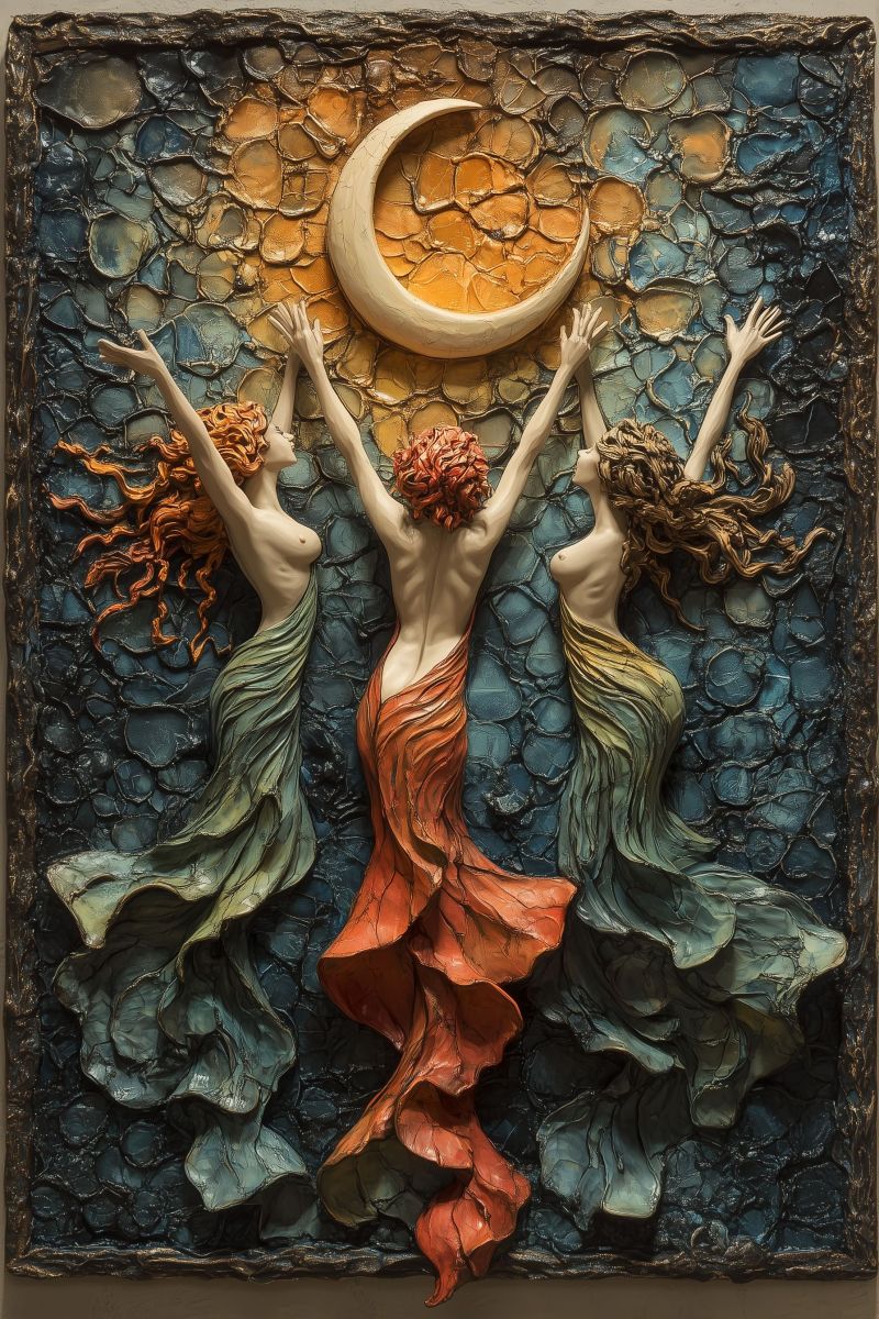 Mixte soleil lune decoration murale mer fantastique celeste mettant ciel sous femme dansant religieux murs etoiles L'image représente une oeuvre d'art accrochée au mur qui présente un scène de fantasy ou inspiré de la fantasy. Au centre de la composition, il y a une figure éthérée ressemblant à une mermaidie, avec des cheveux enchevêtrés et une queue qui suggère du mouvement. Elle tient l'une des bras vers le ciel, avec la main ouverte comme si elle cherchait quelque chose invisible. Le fond est constitué de formes abstraites dans les couleurs orange, jaune et rouge, créant un atmosphère chaleureuse et invitant. Au-dessus de la mermaidie, il y a une grande lune qui éclaire, apportant une lumière douce qui contraste avec les tons plus foncés du mermaidie et du fond. Les couleurs sont riches et semblent être créées à l'aide d'une variété de matériaux tels que le verre ou la résine, ce qui donne l'oeuvre d'art un aspect organique et texturé. Le style de la peinture est très décoratif, avec des éléments de surréalisme ou de l'art de fantasy évidents dans la représentation des cheveux enchevêtre de la mermaidie, de sa queue et du sentiment général éthéré. L'oeuvre d'art semble être encadrée par ce qui ressemble à un espace plus sombre, qui pourrait être une vraie frame ou partie de l'oeuvre elle-même, créant une illusion de profondeur.