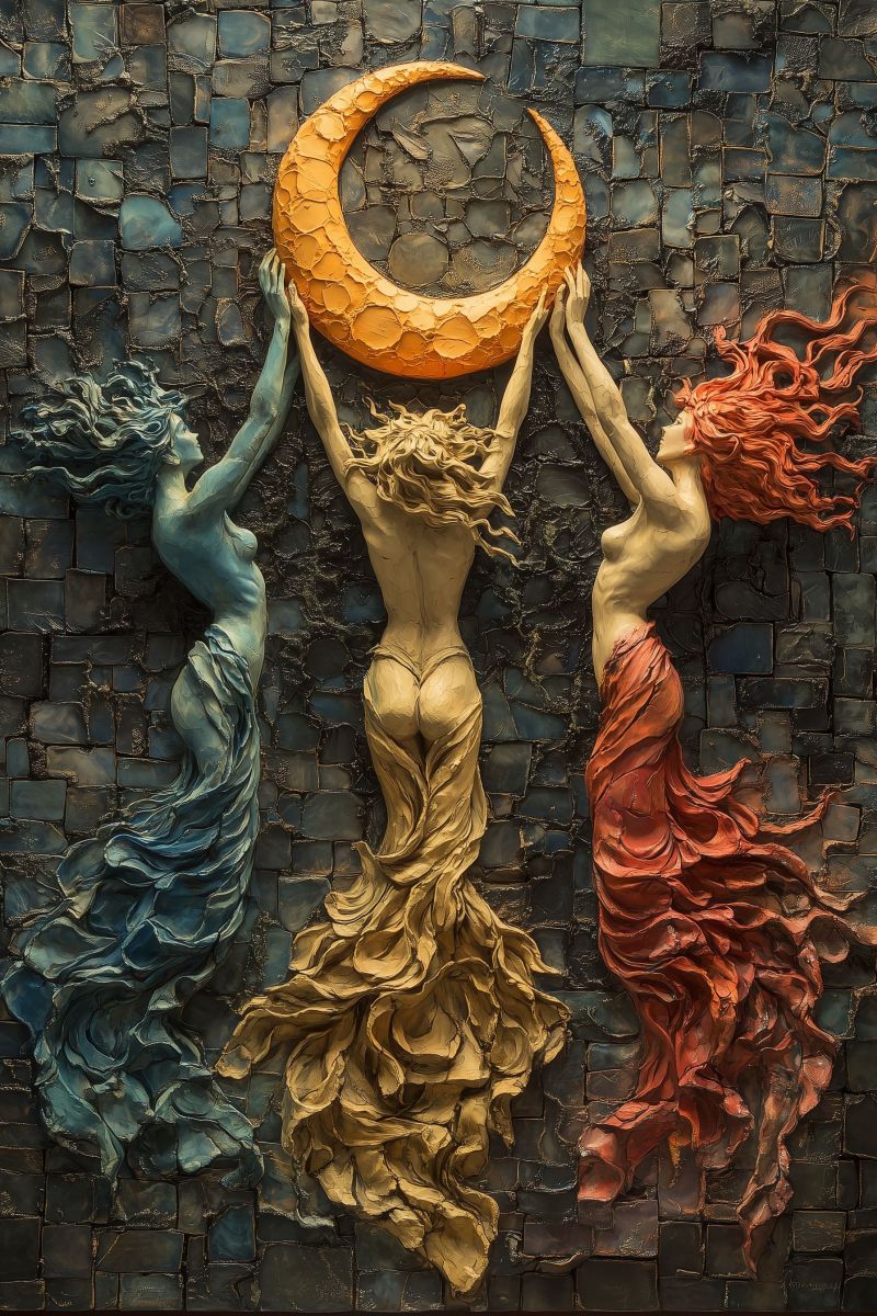 Mosaic decoration murale moderne surreal onirique fantasy nature nocturne lune etoiles femme tenant croiente Une mosaïque de mur vivante avec un thème océanique. Le centre d'intérêt est sur trois figures : une tenant la lune en forme de croissant, une autre qui blaire une bulle et la troisième entourée de vagues ou possiblement des cheveux. Chacune des figures semble se trouver dans un état de mouvement, comme si elle danse ou jouait avec les éléments. Les couleurs utilisées dans la mosaique sont principalement bleues pour l'océan, jaunes pour le ciel du journet, et rouges pour les figures centrales qui peuvent représenter le feu ou la passion. L'art style est évoqué par le post-impressionnisme, caractérisé par des lignes épais qui donnent un sentiment de texture et de mouvement. Le fond montre une disposition en tissu ressemblant à des carreaux d'eau, ce qui renforce l'ensemble du thème aquatique. La composition globale crée un tableau dynamique qui semble capturer l'essence des éléments naturels dans le concert.