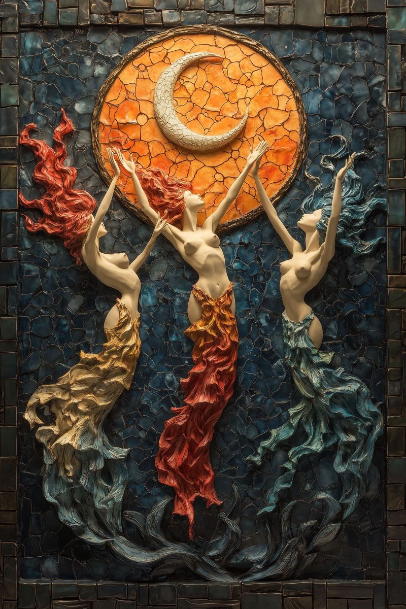 Mosaique artiste marin sculpture mermue lune etoiles eau figurine decoration murale creature mythologique oce Cette pièce en mosaïque de tuile décorative représente une scène dans un style similaire à l'art classique antique. Au centre, trois femmes sont représentées aux tons bleus et blancs, avec des accents rouges qui soulignent leurs cheveux et vêtements. Elles semblent danser ou effectuer un rituel, probablement lié au cycle de la lune, comme suggéré par le grand orbite solaire au sommet, entourée d'écailles qui paraissent être des créatures marines, également en bleu et blanc. Le fond est une profonde bleue ciel, suggérant un établissement nocturne, avec des accents oranges pouvant représenter du feu ou des flammes. La mosaïque présente une surface texturée qui ressemble à être composée de petits carrés de tuile, qui créent ensemble l'illusion d'une profondeur et de mouvement chez les figures. Le palette chromatique est plutôt apaisante, avec des bleus froids qui complètent les tons chauds oranges. L'oeuvre d'art semble avoir été conçue avec soin et un sentiment de harmonie entre les éléments qui l'entourent.