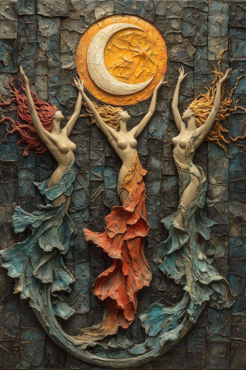 Mural humaine feminin mythologique vague mer crete phases lune ondes corps celeste Un morceau d'art en wall art réalisé à la manière du verre coloré ou de la mosaïque représentant trois figures. La figure centrale tient une forme qui ressemble à une lune de croissant et est entourée de deux autres figures, chacune avec un élément naturel : une avec des flammes, suggérant le feu, et l'autre avec de l'eau, suggérant les eaux. Ils sont tous placés contre un fond qui possède des tons bleus, rouges et orangés, ce qui pourrait suggérer un coucher de soleil ou un ciel calme, avec certaines parties ayant une apparence métallique. L'artiste s'en tient à un style classique du verre coloré connu pour ses dessins complexes et ses couleurs vives, souvent utilisés dans l'architecture religieuse pour représenter les histoires bibliques. Les figures sont détaillées et dynamiques, capturant une sensation de mouvement et d'énergie, ce qui pourrait être interprété comme une expression artistique des éléments naturels ou le cycle du jour et de la nuit, symboliquement représentés par la lune. Le palette de couleurs est chaude avec un accent sur les tons terrestres, ce qui pourrait évoquer des sentiments de paix et d'harmonie avec la nature. La conception inclut des formes organiques et des lignes enflammées qui lui donnent une qualité rêvissante. Si vous ne pouviez pas voir l'image, je peux la décrire en fonction des informations disponibles : - La figure centrale est probablement féminine en raison de la pose et du style généralement féminin. - Elle a les cheveux longs, qui sont stylés d'une manière qui suggère le mouvement ou l'vent. - Les flammes à ses côtés semblent bouger, peut-être symbolisant la capacité du feu à changer ou se transformer. - L'eau à la base de l'autre figure semble déborder ou couler, représentant la nature fluide des eaux. - Le fond donne une lumière ambient qui pourrait être interprétée comme le rayonnement d'une source solaire sur un surface ou la lueur du verre coloré. - Il n'y a aucune texte visible dans l'image, donc il n'y a pas de contexte supplémentaire fourni par les éléments écrits. En général, l'artiste semble célébrer les éléments naturels et peut-être le concept d'équilibre ou d'équilibre entre ces forces de la nature.