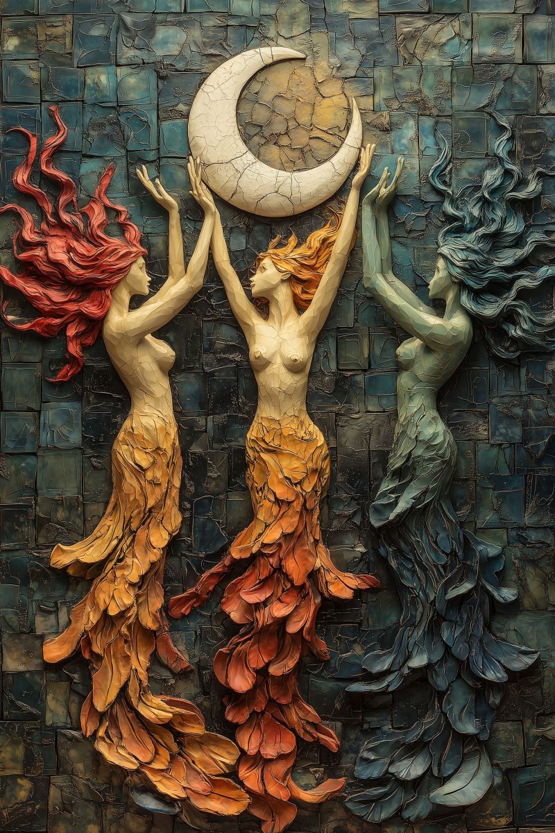 Oeuvre feminine cheveux rouges lune etoiles marinais deesse mer figurine mythologique mosaique coloree tapisserie mural Un panneau de mur orné featuring une triade de formes humaines qui semblent être des figures anthropomorphisées, avec l'une placée en avant-plan et deux dans le second plan. Elles sont adornnées d'oeillères flottantes et présentées d'une manière stylisée qui suggère un thème du monde maritime ou de l'eau. La figure centrale tient ce qui semble être un poisson ou une coquille et est entourée d'éléments pouvant impliquer un environnement marin, comme des vagues et des structures corallines. Au fond, il y a une petite figure à gauche, qui semble tendre vers la plus grande figure ou faire partie de l'attirage central. La figure en avant-plan est adornnée d'hair rouges et a une apparence un peu éthérée, avec son corps se fondant dans le décor artistique environnant. Au-dessus de cette triade, il y a un motif de lune crescente intégré au design du panneau, ce qui ajoute à la thèse céleste ou nocturne du tableau. Le palette des couleurs comprend des tons de bleu, rouge et brun, qui ensemble créent une effets visuel vif et dynamique. L'art style semble être influencé par divers motifs culturels et pourrait s'agir d'une oeuvre originale ou un hommage à l'art classique mythologique. sans plus de contexte, il est difficile de fournir des détails précis sur l'artiste ou l'inspiration derrière cette pièce.