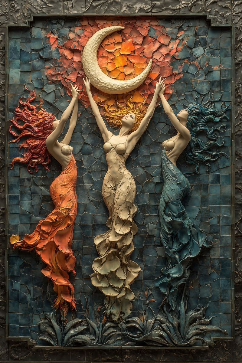 Oeuvre mosaique tissu decoratif iconographie religieuse lune etoiles figurine feminine soleil nuages carreaux panneaux expressi Panneau de verre coloré qui est riche en couleurs et en design. Il représente un scène avec trois figures : l'une semble être un homme, l'autre une femme, tandis que la troisième peut être interprétée comme étant du genre ambigu. Toutes les trois figures sont représentées dans le profil, regardant loin vers l'observateur. Le personnage central tient la lune ou le disque céleste, qui émet une lumière douce qui éclaire certaines parties de l'oeuvre d'art. La femme a des cheveux enchevêchés et porte un habillement qui suggère du mouvement et de la fluidité. L'homme a des traits plus définis et est également représenté avec des cheveux enchevêchés, mais son habillement est moins détaillé par rapport à celui de la femme. Les deux figures sont décorées d'éléments décoratifs qui ajoutent à leur apparence mystique, tels que des motifs et des formes qui pourraient représenter les flammes ou autres éléments naturels. Le fond du panneau de verre coloré contient des conceptions abstraites et des motifs qui contribuent au thème ou à l'histoire que le tableau raconte.