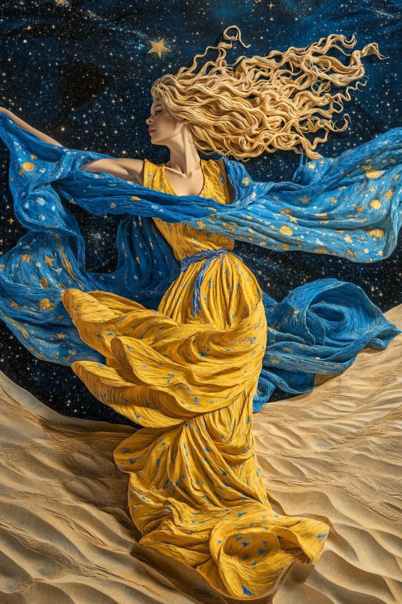 Female painting surrealism fantasy woman dancing night starry sky golden robe yellow hair dance movement energy elegance musical note musicia artistic rendition of a woman dancing in a whimsical and fantastical setting. She is in motion, with her arms raised above her head as if she's spinning or twirling. Her attire is flowing, suggesting movement, and it blends into the scene around her. The background features a night sky filled with stars, adding to the dreamlike atmosphere of the image. In the foreground, the woman appears to be standing on sandy ground, which could imply she's on a beach or a desert at night. Her hair is flowing freely, contributing to the sense of movement in the scene. The colors used are predominantly shades of yellow and blue, with the yellow possibly representing the attire of the dancer, while the blue may symbolize the sky or the sandy ground where she stands. The image has a soft, dreamy quality to it, enhanced by the starry sky and the woman's dynamic pose. There are no visible texts on this image that would provide additional context or information about the scene depicted.