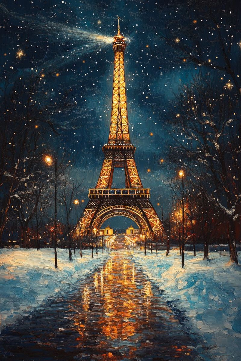 Eiffel tower nighttime winter illuminated pari starry sky pathway snow twilight painting cityscape nocturnal travel destination landmark serene night scene in Paris, featuring the iconic Eiffel Tower. The tower is illuminated and stands as the central figure against a star-studded sky. Below, the streets are adorned with festive Christmas lights, creating a path that seems to beckoning towards the tower. Snowflakes are falling gently, adding to the wintry atmosphere. The trees lining the path are dusted with snow, enhancing the seasonal mood of the scene. The overall image is a digital art or painting that captures the essence of a magical Christmas night in Paris.