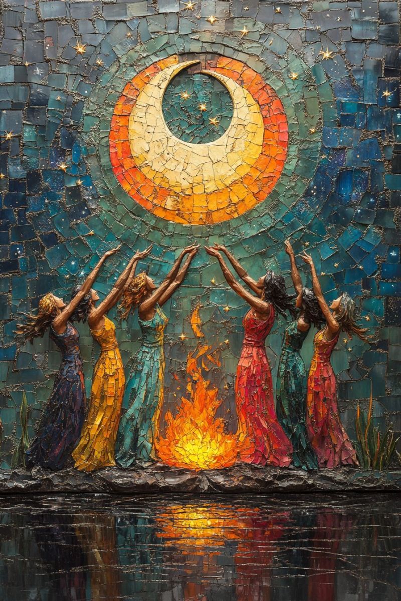 Mosaique iconographie religieuse mosaic verre religieux spirituel multicolore main corps celestes Dans l'image, il y a un bel et vibrante mosaïque d'art qui représente trois figures qui semblent être des femmes dansant autour d'un symbole circulaire. La figure centrale semble tenir une grande lune avec une expression calme. Leur entourage est entouré d'une lumière éclatante de cercle qui ajoute un atmosphère mystique ou spirituelle au tableau. L'art style est riche et détaillé, utilisant une palette de couleurs comme les bleus, les pourpres, les jaunes et les verts. Cette oeuvre d'art évoque un sentiment de harmonie et de célébration, peut-être représentant le bonheur, la communauté ou le pouvoir de la nature.