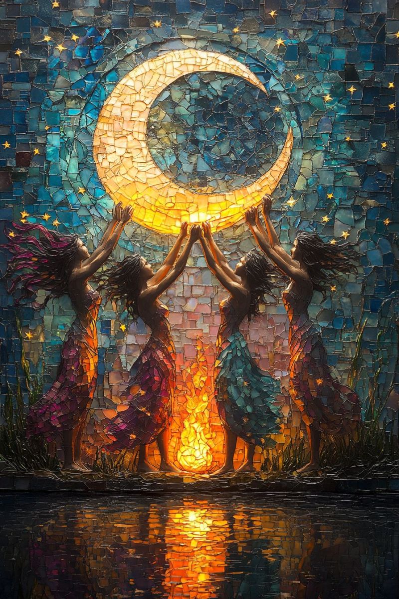 Mosaic emancipation femmes sous lune mur verre feminine nocturne moderne soleil carrelage multicolore L'image présente une fenêtre de verre coloré représentant un paysage nocturne paisible. Au centre de la composition, deux figures semblent tendre vers une pleine lune avec des rayons de lumière provenant d'elle. Une figure semble tenir quelque chose de ressemblant à un bâton ou un instrument vers la lune. Les figures se tiennent devant un corps d'eau qui reflète certains des couleurs du verre coloré. Au-dessus d'eux, les étoiles scintillent et le fond est sombre, renforçant la contraste avec les pièces de verre colorées brillantes. L'image a une texture en mosaïque, suggérant qu'elle pourrait être faite de petites parties pour créer la scène plus grande. Il y a un sentiment de paix et de connexion spirituelle transmis par l'artwork.