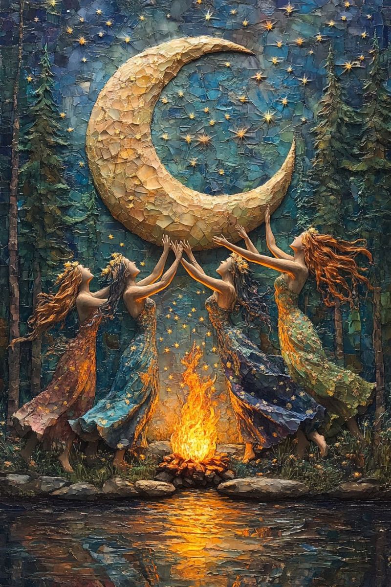 Trois mermaidens creatures marines semblables representees comme humaines effectuant action peut etre danser celebrer autour lune crocente vas L'oeuvre d'art est vibrante et colorée. Trois figures sont visibles; deux sur le gauche semblent être des mermaids, et elles semblent bouger ou danser, avec des cheveux enflammés et des ailes sur les pieds. L'une de ces figures tient un grand disque lune éclairé à l'intérieur. Sur le côté droit de l'image, il y a une troisième figure, également mermaid, qui joue d'un flût tandis qu'elle se tient à côté d'un feu de camp. Le feu crée une lumière chaude autour d'elle et de la scène. La background présente un forest avec des arbres en avant-plan, et la lumière du disque lune semble créer une atmosphère calme sur toute la scène. Dans le coin inférieur gauche de l'image, il y a un petit corps d'eau réfléchissant la lumière du disque lune, contribuant à l'ambiance magique de la peinture. Le palette de couleurs est riche en bleus, verts, jaunes et rouges, qui ensemble créent un sentiment de profondeur et de texture dans l'oeuvre d'art. L'oeuvre d'art semble être une pièce thématisée par des mythes ou des fantasmes, probablement destinée à évoquer des sentiments de calme et de magie. Il n'y a aucun texte visible sur l'image.
