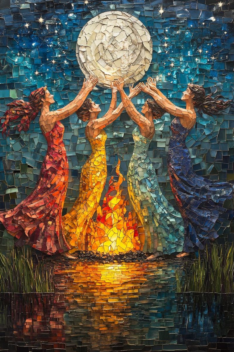 Mosaique coloree multicolores verre peint cercle femmes celebration vie moderne reunion soir connexion humaine depiction Ceci est une oeuvre d'art en mosaic colorée et stylisée représentant trois figures. Le personnage central tient un lanternne allumé et s'étend vers le ciel avec la main opposite, comme s'il étreignait ou libérait quelque chose. À gauche, se trouve un autre individu qui semble danser ou célébrer, vêtu d'une robe fluide vibrante aux nuances de bleu et de rouge. À droite, une troisième figure est représentée avec les bras levés, contribuant à la sensation de mouvement joyeux. Le fond suggère un environnement extérieur à la nuit, avec des lumières allumées et un ciel qui pourrait être interprété comme étant soit le crépuscule, soit une représentation stylisée de l'espace. L'ambiance générale de cette oeuvre est festive et célébratoire.