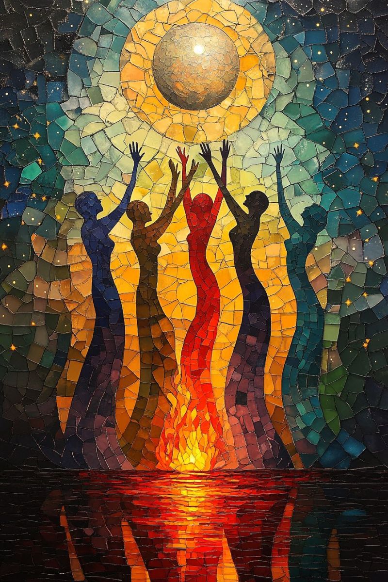 Verre mosaique moderne soleil lune feminin celebration imagerie feu spirituel L'oeuvre d'art est une mosaïque vibrante et colorée qui met en avant trois figures stylisées représentant ce qui paraît être des danses ou des performances devant un ciel lumineux et orange, évoquant les flammes ou la lumière. Ces figures humaines possèdent des traits exagérés et vêtements qui transmettent une atmosphère d'énergie et de célébration. Elles sont disposées en cercle semi-circulaire autour de l'image, créant l'impression d'unité et d'expérience partagée. La figure à gauche porte un vestiaire sombre qui se fond dans le ciel nocturne à sa base, tandis que les deux autres figures sont vêtues de couleurs brillantes avec des formes fluides qui suggèrent du mouvement. Le palette colorée est dominée par des tons chaleureux, avec des nuances riche en orange, jaune et rouges qui créent un sentiment de chaleur et de joie. Le fond se compose de tons plus foncés, ce qui fournit un contraste vivant aux figures vives dans le plan-fond. Le style de l'art est similaire à celui du verre coloré ou d'une mosaïque, avec des petits morceaux de verre ou de matériaux autres chose disposés de manière intricate pour créer des images plus grandes. Il n'y a pas de texte visible dans l'image qui pourrait fournir un contexte supplémentaire.