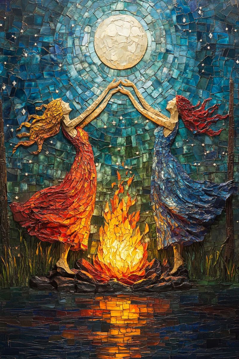 Oeuvre mosaique fresque tintaillee sculpture verre femmes lune miel feu nature artiste deux dansant sous Une mosaïque de verre cassé qui capture une scène de deux individus, possiblement des femmes aux cheveux longs et en fleuve, debout l'un à côté de l'autre sur un éboulis rocheux. Ils portent tous deux des robes longues et en fleurs, et semblent être engagés dans une forme de danse ou de rituel. L'une d'elles tient un objet ressemblant à un torchon, tandis que l'autre a un objet emblématique à la forme de panier qui pourrait contenir quelque chose lié à leur activité. Le décor est soirée, avec une pleine lune qui éclaire la scène depuis derrière les figures, ce qui fait briller le lumière sur leurs visages et vêtements. En dessous des figures, il y a un panache de gazon avec certaines feuilles écroulées dessus, et devant eux, il y a une petite réunion en feu qui brûle bruyamment. Les couleurs dans l'artiste sont riches et variées, avec des bleus, des rouges, des jaunes et des verts contribuant à un atmosphère vibrante et magique. Le style de la mosaique suggère une interprétation artistique qui combine la réalisme avec certaines éléments fantastiques.