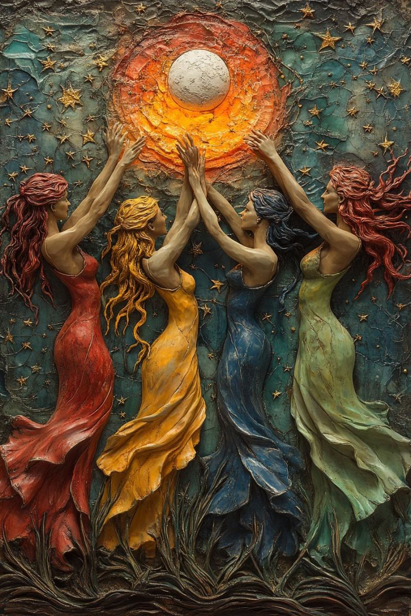 Oeuvre femmes celebration lune spiritualite musique fantasy feminines Scène animée et colorée de quatre femmes qui dansent ensemble. Elles sont vêtues de tissus fluents et colorés qui changent d'une couleur à l'autre : la femme à gauche est vêtue de rouge, suivie du orange, puis du jaune, du vert et enfin du bleu sur le droit. Chacune des femmes a des cheveux flottants et une expression différente de bonheur et de liberté. Elles sont posées dans une attitude où elles semblent toutes danser ou faire tourner autour de la figure centrale, qui tient un grand globe lumineux qui ressemble à la lune. Le fond est composé de tons sombres avec des étoiles dispersées dessus, ce qui donne l'impression d'un ciel nocturne. L'ensemble du style de la peinture est très décoratif et texturé, rappelant une oeuvre d'art qui pourrait être considérée comme faisant partie des genres de la fantasy ou Art nouveau.
