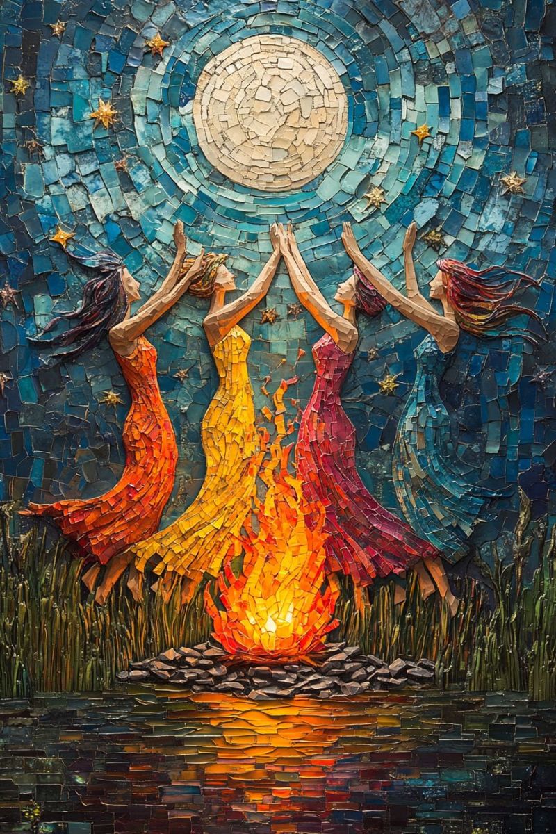 Oeuvre stylisee representant trois danseurs eclaire ressemble soleil corps celestial palette chaude nuances orange jaune rouge contribuent sent Une scène colorée et vibrante. Deux figures apparaissent à danser ou célébrer, avec une figure plus visible en avant-plan et une autre légèrement derrière et de côté. Les deux figures ont des cheveux longs qui flottent autour d'elles, ce qui suggère du mouvement. Elles semblent profiter de soi-mêmes sous ce que semble être un ciel nocturne, indiqué par le fond sombre avec des étoiles visibles et une lune crochue. La figure centrale tient une lanterne allumée, qui ajoute une source lumineuse chaude au scène. Les figures sont entourées de éléments naturels comme de la gazon, des rochers et ce qui semble être un corps d'eau à la base de l'image. Il y a également une grande flamme visible en avant-plan, avec du feu dansant sur la surface de l'eau. Cette flamme ajoute un élément dynamique à la composition. Le palette couleur est constituée de couleurs chaudes allant de l'orange et du rouge au jaune et au vert, qui contribue à l'atmosphère énergétique et célébratoire de la scène. Le fond présente des mosaïques qui recouvrent le mur derrière les figures, créant un intéressant contraste visuel. L'oeuvre d'art est rendue dans un style réaliste, avec une attention aux détails évidente dans la façon dont les figures sont représentées, leurs vêtements et l'environnement entourant.