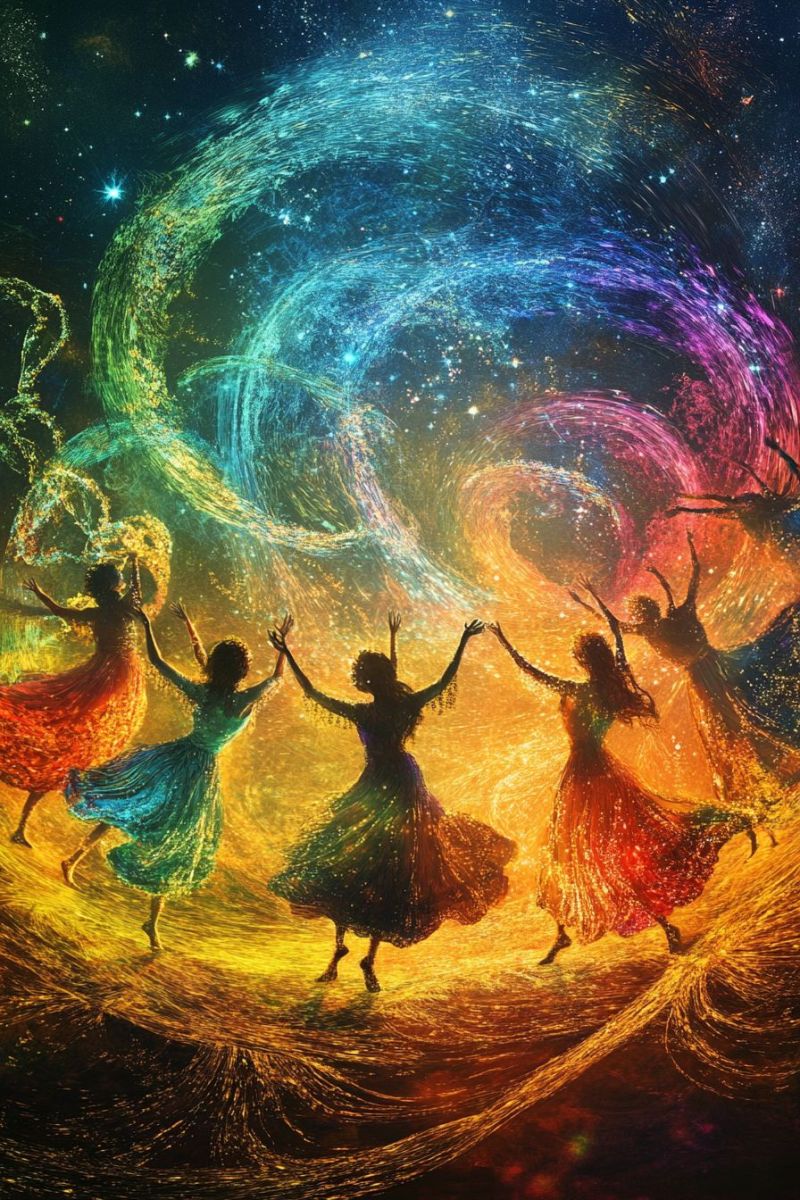 Danseurs espace oeuvre arc ciel fantasy groupe ame sauvage vividite energie spirituelle cosmique joieuse musical performance brillante heureuse L'image que vous avez partagée est une illustration numérique colorée et vibrante. Elle représente quatre figures qui semblent danser d'une manière joyeuse. Elles sont entourées de lumières colorées en mouvement et de fumée, ce qui donne l'impression de mouvement et d'énergie. Le fond est un bleu profond avec des étoiles ou des corps célestes répartis à travers lui. L'atmosphère générale de l'image est celle de la célébration et de la liberté.