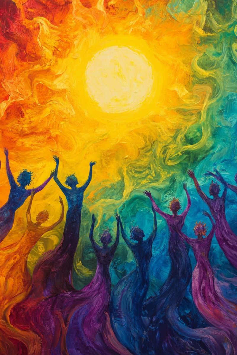 Gens mains groupe joyeux danseur soleil arc ciel celebration musique unite creative culturelle communaute diverse spirituelle festival fete vivante Une peinture vibrante et colorée qui saisit l'essence de l'unité et de la célébration. Au centre, il y a un grand soleil radieux avec des rayons qui en émanent, créant une sensation de chaleur et d'énergie. Les figures entourant ce soleil central semblent danser ou célébrer, leurs corps émettant une lumière qui correspond à la couleur du soleil, suggérant qu'elles pourraient être parties d'une performance ou d'un moment partagé de joie. Le fond est rempli de lignes ondulées en variedades de bleu et de pourpre, ajoutant de la profondeur et de l'effort au décor. L'atmosphère générale de la peinture est celle de célébration et d'harmonie, comme si le peintre avait capturé un moment de bonheur collectif et de liberté.