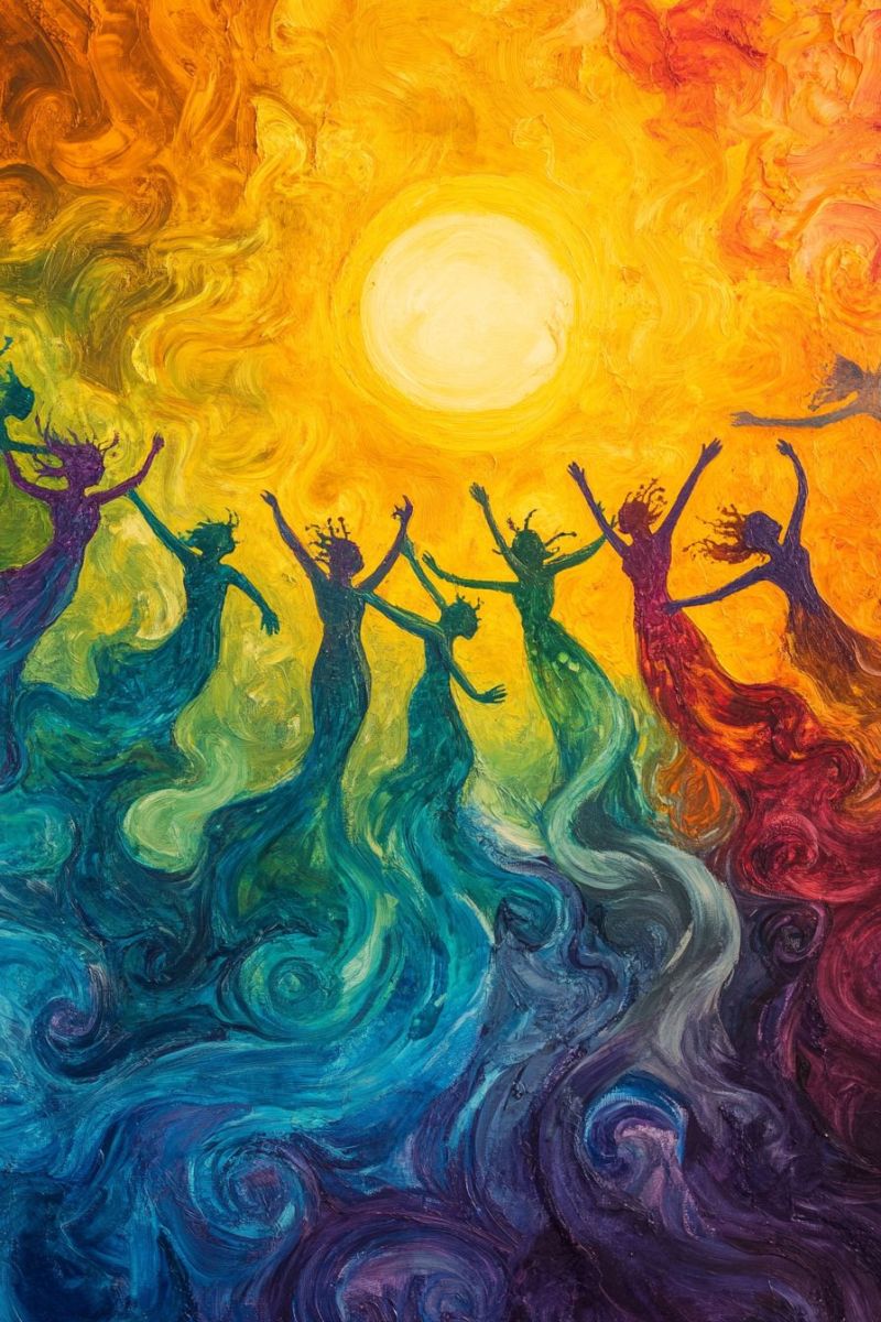 Painting murale graphique vif bright coucher soleil heureuses saut celebration motion energie culturel festival parrainage Un groupe de figures silhouetées dansent et jouent des instruments à gauche. Elles sont placées contre un fond vif et couleurs qui varient du orange chaud au jaune vers le haut et vers le bleu froid en bas, suggérant une thèse d'aurore ou de coucher du soleil. La figure centrale semble tenir ses bras levés dans un geste de célébration ou de joie. À droite de l'image, il y a un grand globe jaune brillant qui ressemble au soleil, éclairant la scène et projetant des ombres sur les figures. L'ensemble du style de l'image est abstrait, axé sur le coloris et le mouvement.