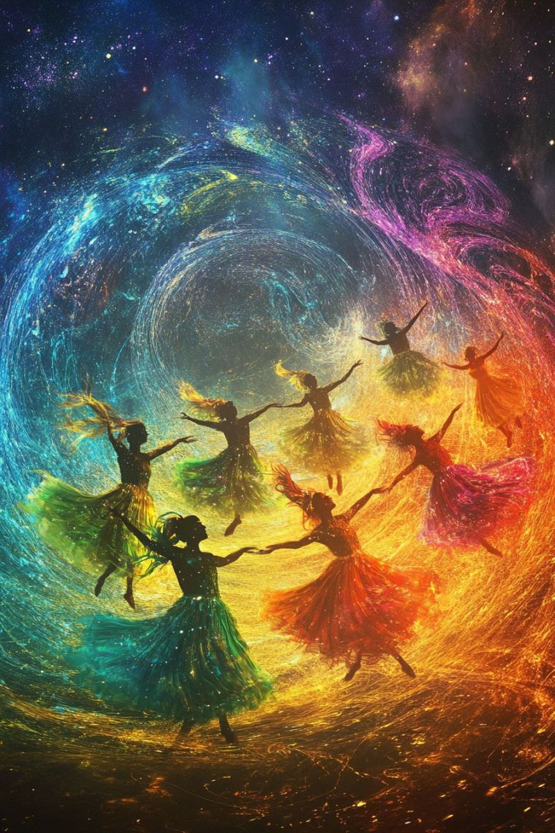 Gens dansent arc ciel energie ame joie esprit diversite musique concord unite creativite inspiration Scène vibrante et fantastique. Groupe de personnes dansant avec énergie. Ils sont entourés d'une tourbillonne colorée de l'énergie qui émane d'eux, créant un atmosphère dynamique et vivace. Les couleurs dans la tourbillonne passent à travers une gamme spectrale du rouge, orange, jaune, vert, bleu et violet, suggérant un sentiment d'unité et de diversité parmi les danseurs. Le fond est sombre avec des étoiles qui scintillent, ajoutant au sentiment magique de la scène. Les individus sont silhouettes contre ce ciel stellaire, leurs mouvements capturés dans le milieu de l'énergie tourbillonnante autour d'eux. Il n'y a pas de texte présent dans l'image. La composition globale et les éléments qu'elle contient évoquent un sentiment de joie, de célébration et peut-être une connexion mystique ou spirituelle.
