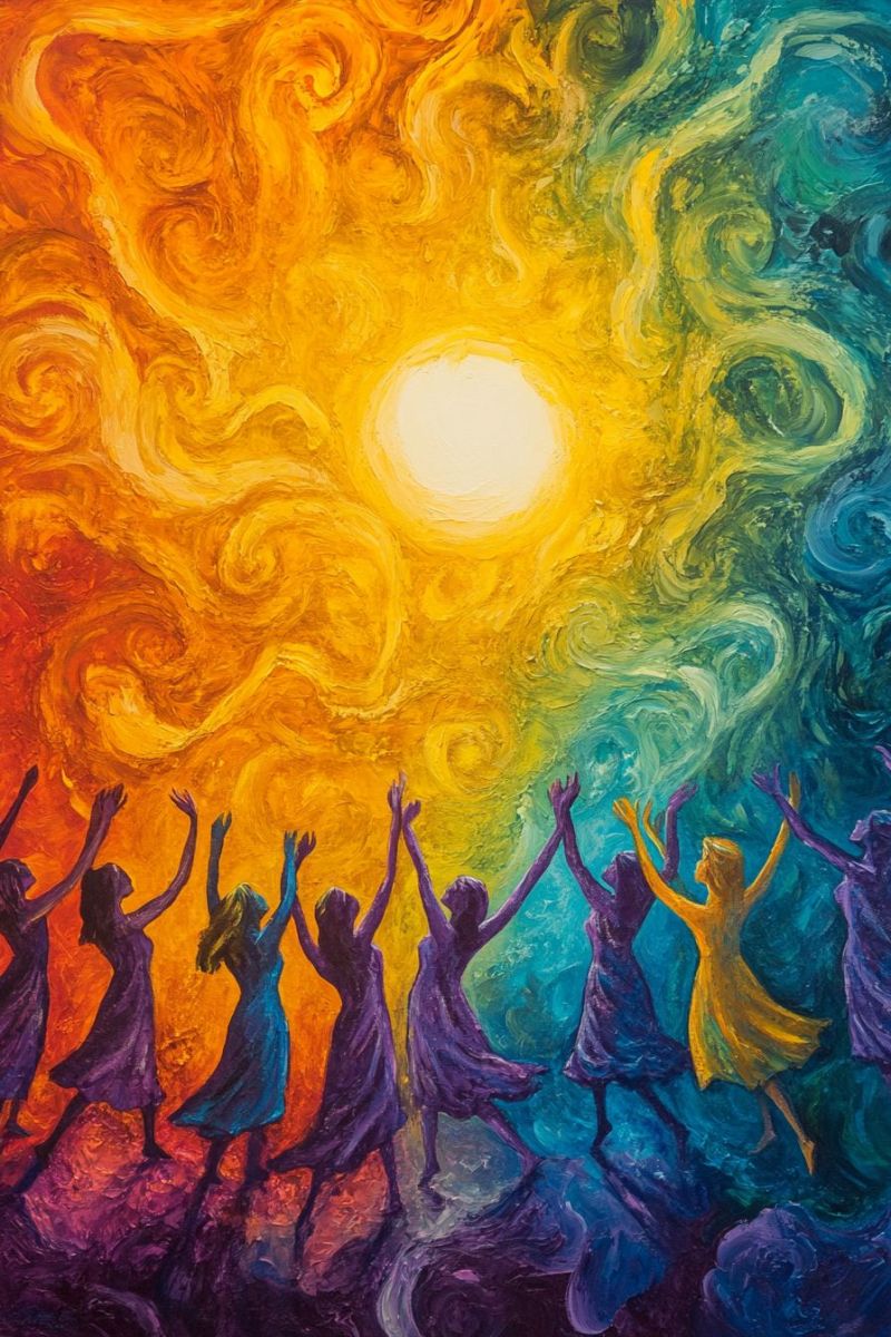Soleil lune gens fete bonheur nuances orange jaune bleu vert esprit musique Une peinture vibrante et colorée de plusieurs figures, possiblement des danseurs, avec les bras levés dans ce qui semble être une célébration. Elles sont disposées contre un fond qui transitionne du noir au blanc, rappelant le coucher du soleil. Au centre de la composition, un grand soleil coloré se dressait de manière évidente sur le ciel sombre. L'oeuvre d'art présente des teintes riches et des traits de peinture dynamiques, lui conférant un air énergique et joyeux. Les figures paraissent danser sous la lumière du soleil.