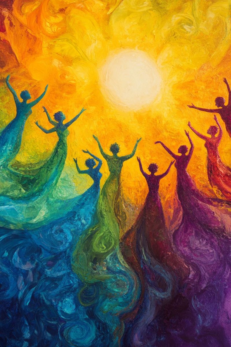 Gens arc ciel soleil joie celebration unite bonheur brillantes Un groupe de formes stylisées qui semblent être des personnes engagées à chanter ou à se produire. Ils sont tous tournés dans la même direction, vers le spectateur, et leurs formes sont abstraites avec des couleurs vives qui incluent les nuances bleues, vertes, jaunes, orange et rouge. Chaque figure a une expression de joie ou de célébration, suggérée par ses bras levés et son regard vers le haut. Le fond présente un gradient de couleurs chaudes à fraîches, en passant de jaune près du bas au bleu plus foncé au-dessus, ce qui crée l'impression de mouvement ou de profondeur. Les figures sont posées sur ce décor coloré, avec des formes indiscernables ou des objets autres que les silhouettes humaines. À la very top of the image, il y a une lumière blanche éclatante ou objet qui pourrait être interprété comme un corps céleste tel le soleil, en raison de son aspect radieux et de sa position centrale au sein de la composition. Le style général de l'oeuvre suggère qu'elle pourrait être liée à la spiritualité, l'unité ou la célébration en raison des poses dynamiques et des expressions joyeuses sur les visages des figures.