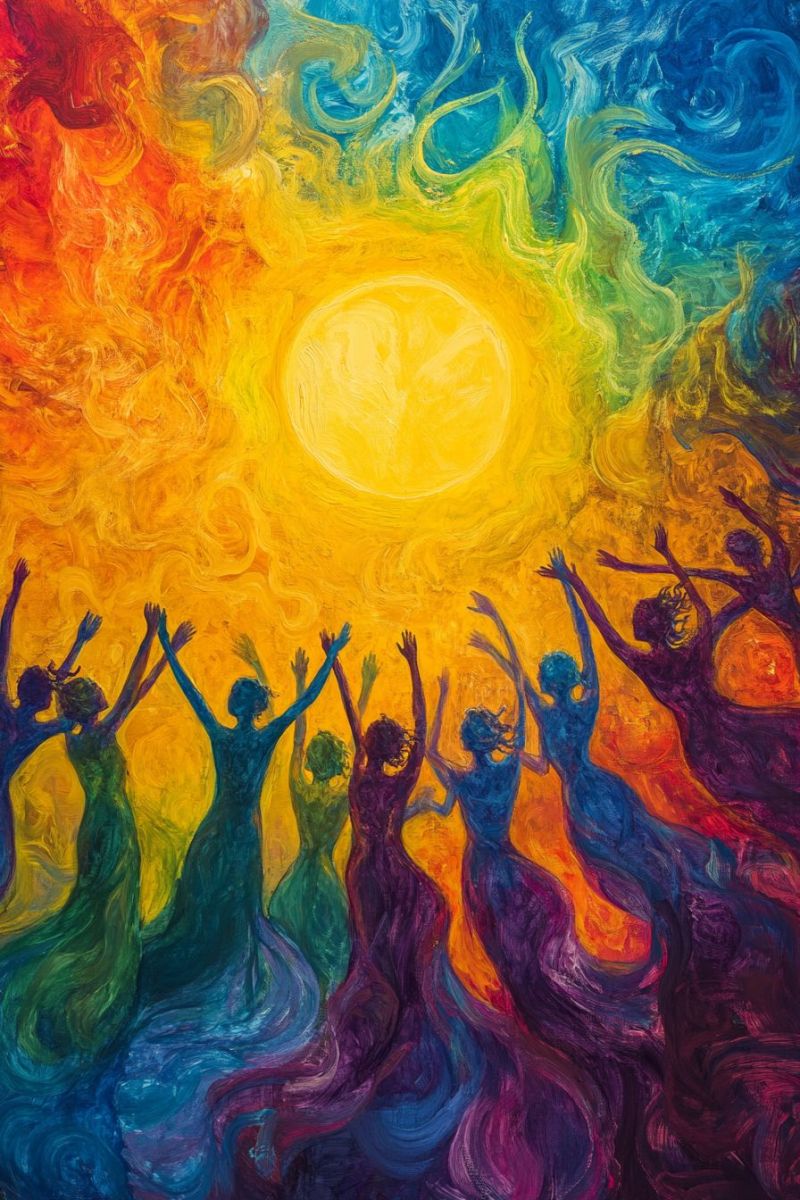 Soleil gens mains ciel arc joie fete vivacite bonheur foule Scène vivante et animée. Des silhouettes de plusieurs personnes apparaissent à danser ou célébrer, avec les bras levés haut dans l'air comme si d'eux-mêmes elles écoutaient la joie ou la louange. Les figures sont colorées contre un fond sombre, ce qui suggère qu'elles pourraient être éclairées par une source invisible. Au centre de la composition, il y a un grand soleil brillant, également silhouetté et rayonnant de lumière. Les rayons du soleil se étendent à l'extérieur, éclairant la scène avec une chaleur apaisante. Les couleurs utilisées pour le soleil sont principalement jaune, orange et rouge, ce qui crée un sentiment de chaleur et d'énergie. Le fond est rempli de motifs colorés qui semblent être composés de formes fluides et abstraites dans les tons bleu, marron et rose, qui ajoutent à la dynamique de l'oeuvre d'art. Les couleurs utilisées pour le fond sont moins vives que celles du soleil mais encore riches et vibrantes. Le style de l'image est très expressif et coloré, avec une grande quantité de énergie visuelle transmise grâce aux couleurs vives et aux lignes fluides qui créent un sentiment de mouvement. C'est une oeuvre d'art qui capture un moment de partage de joie ou de célébration.