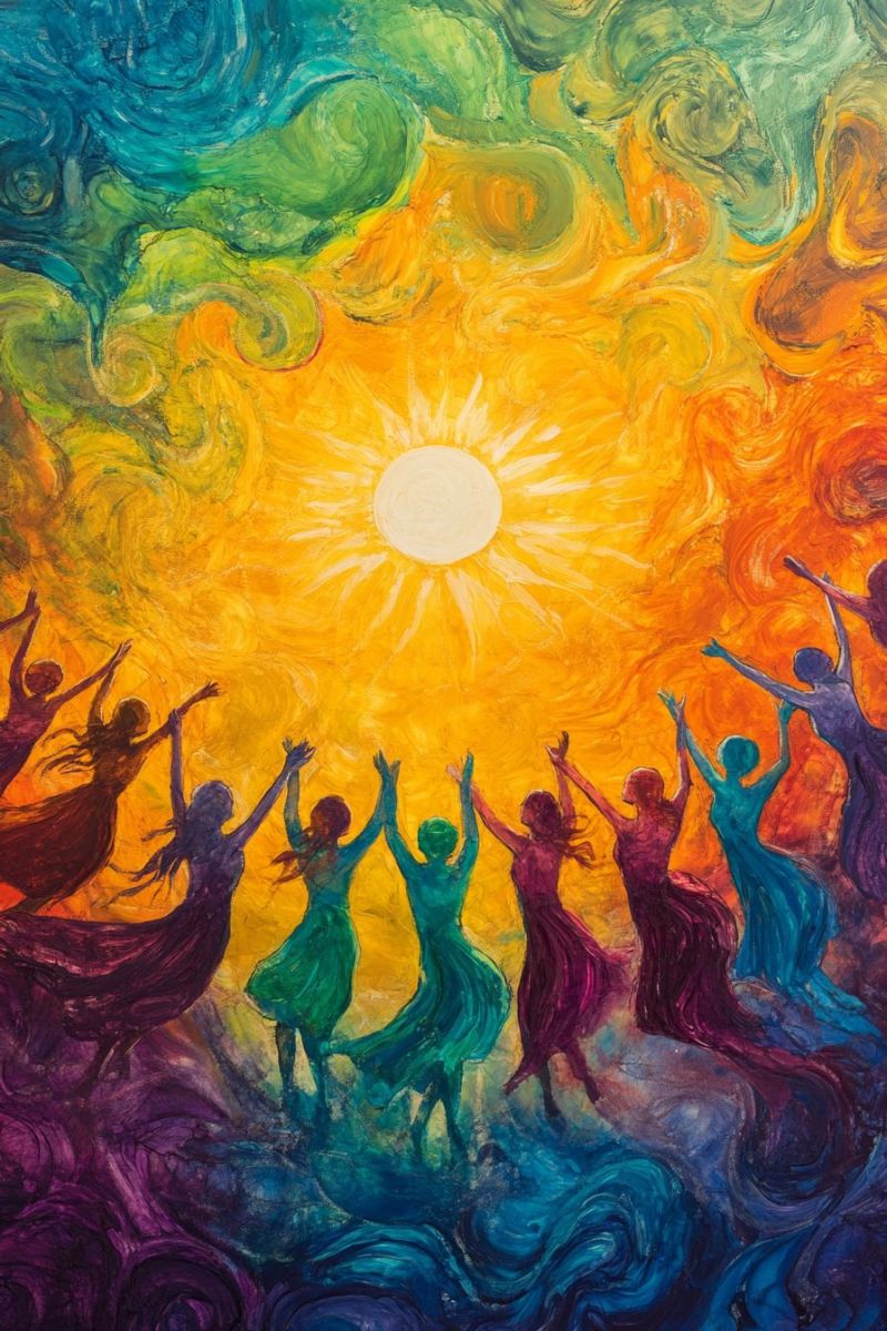 Toile collage moderne contemporain coucher soleil heureuses danser celebration bonheur rassemblement social groupe eclairage lumineux Un artwork vibrante et coloré représentant un groupe de personnes avec leurs bras levés, comme si elles dansaient ou célébraient. Elles sont silhouette contre un fond qui présente des motifs tourbillonnants dans des tons bleus et verts. Au centre de la composition, il y a un soleil rayonnant jaune avec ses rayons s'étendant à l'extérieur. Les personnes paraissent être en mouvement joyeux, regardant vers le haut du soleil. Le ciel au-dessus d'eux se transitionne de bleu sombre près des bords à une teinte orange chaleureuse près du soleil. L'ensemble du style de l'artiste suggère qu'il pourrait être lié à un thème de danse ou de célébration.