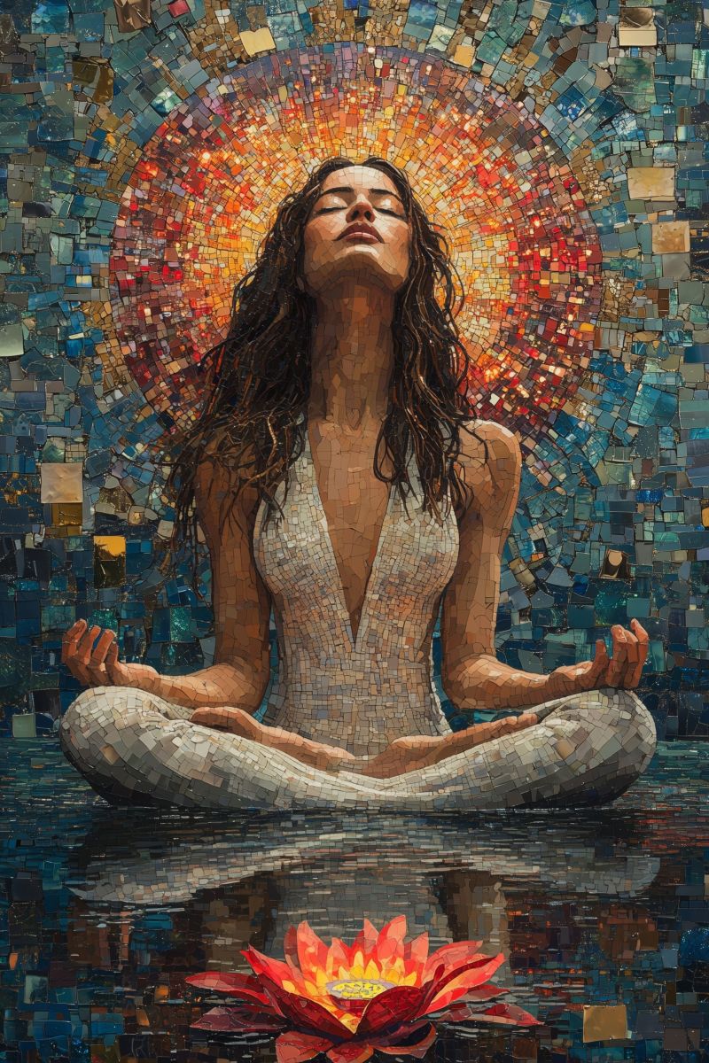 Trippy mosaic woman meditating buddha pose backwards r accurate picture amazing demonstrating the mischiefs wild of human activities on la trippy mosaic woman meditating buddha pose backwards r