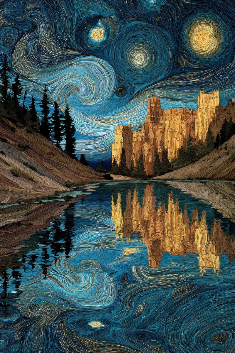 Painting stars moon reflection water trees hill mountain colorful texture impressionism post night sky brush strokes modern contemporary serene night scene with a river reflecting a castle-like structure. The castle appears to be made of golden stone, with its reflection shimmering on the dark blue water. The sky is filled with swirling patterns of blue and yellow, reminiscent of a starry night. Two bright yellow circles, likely representing the sun and moon, are positioned in the sky. The landscape is surrounded by dark green trees and a hill, adding to the tranquil and mystical atmosphere of the scene.