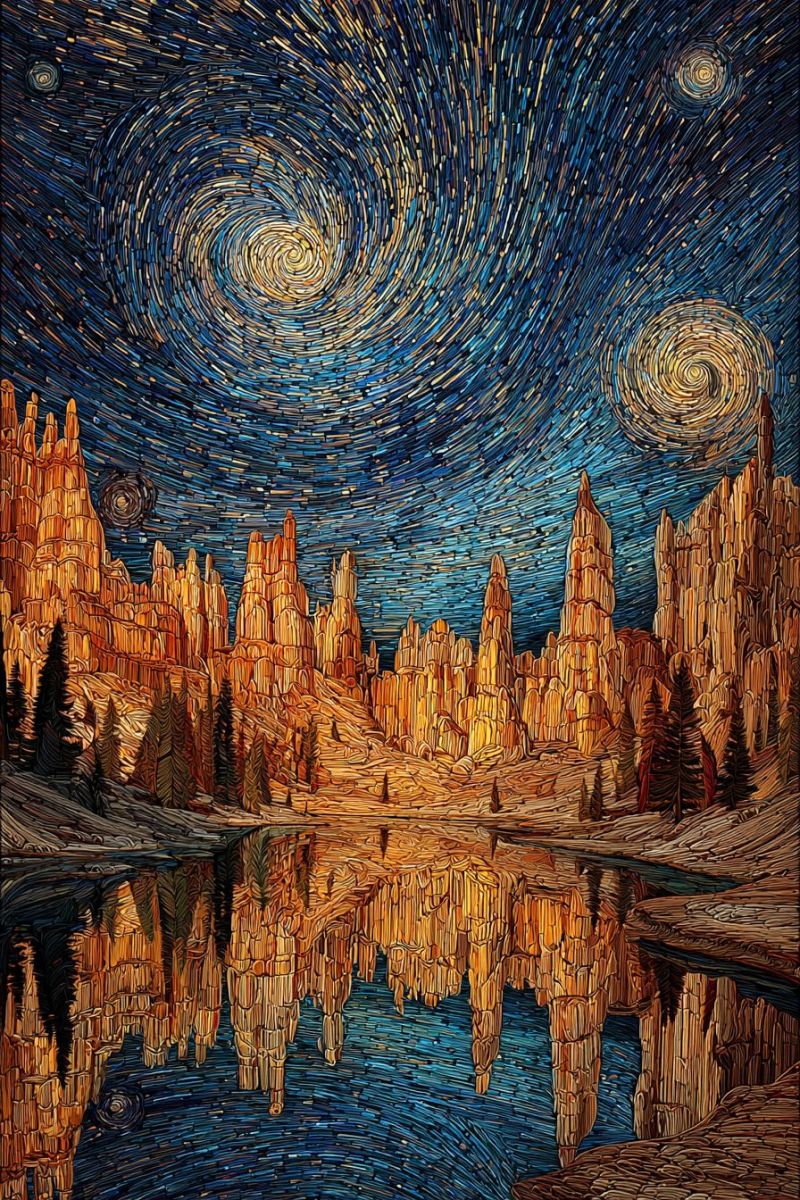 Stars painting reflection water trees mountains nature outdoors scenery sky night dark colorful rock formations ight scene with a vast, starry sky. The sky is filled with swirling patterns of stars, creating a dynamic and almost abstract effect. The stars are depicted in various shades of blue, yellow, and white, giving the sky a rich, textured appearance. In the foreground, there is a serene body of water, possibly a lake or river, reflecting the sky and the surrounding landscape. The water is calm and dark, with gentle ripples. On the left side of the image, there are tall, jagged rock formations that rise sharply from the water's edge. These rocks are painted in warm, earthy tones, contrasting with the cool blues of the sky and water. The scene is set in a natural, outdoor environment, with a few trees visible in the background, adding to the sense of tranquility and vastness.