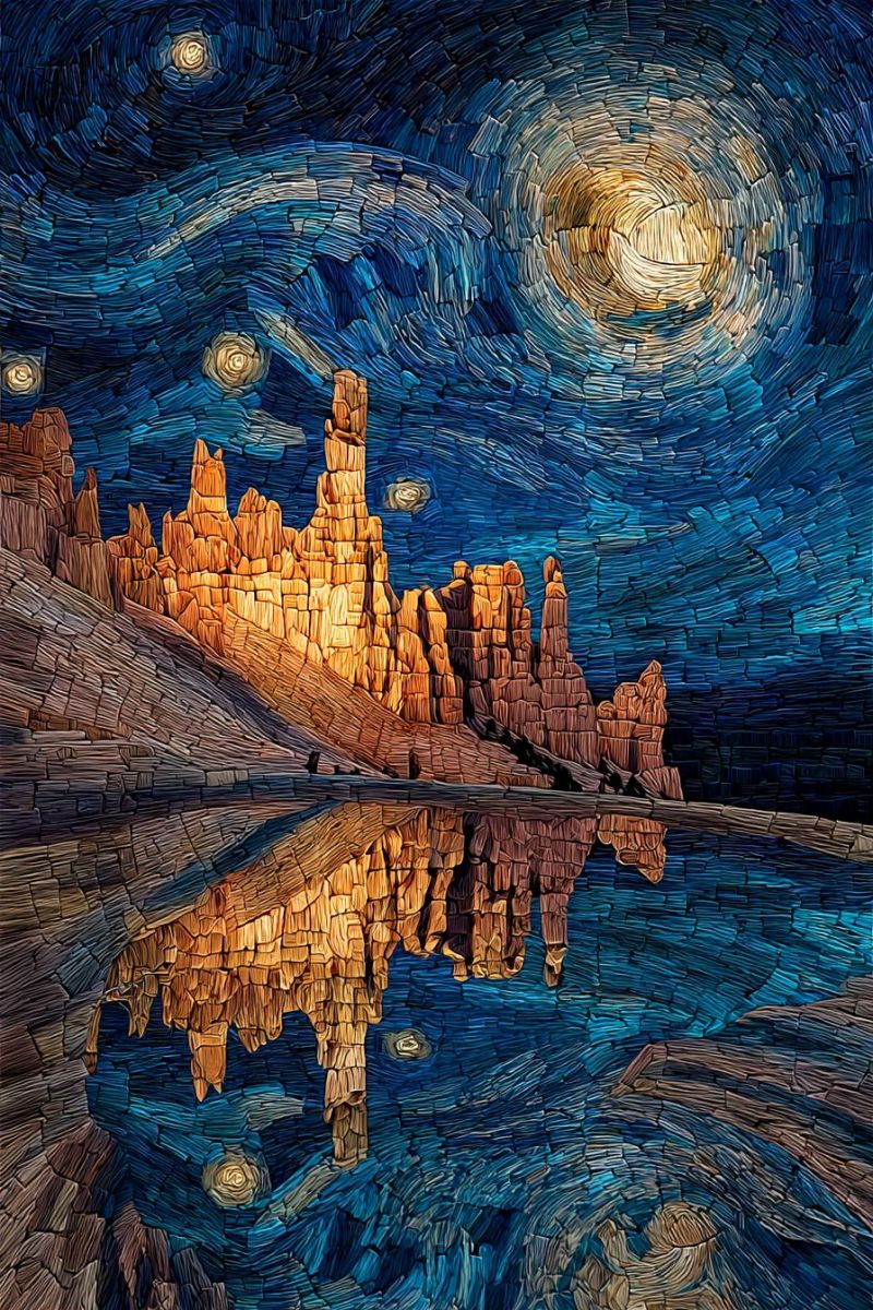 Painting night sky stars moon reflection water rocks mountains texture mosaic pattern design dark space ight scene featuring a vast, open landscape with a body of water reflecting the sky and rock formations. The sky is a deep blue, adorned with swirling patterns that mimic the style of a mosaic. The moon and stars are prominently displayed, with the moon emitting a warm, golden light that casts a glow on the rock formations. These formations are jagged and appear to be made of stone, with some parts illuminated by the moonlight and others in shadow. The water is calm, mirroring the sky and the rocks with a slight ripple effect. The overall mood is serene and tranquil, with a sense of vastness and stillness.