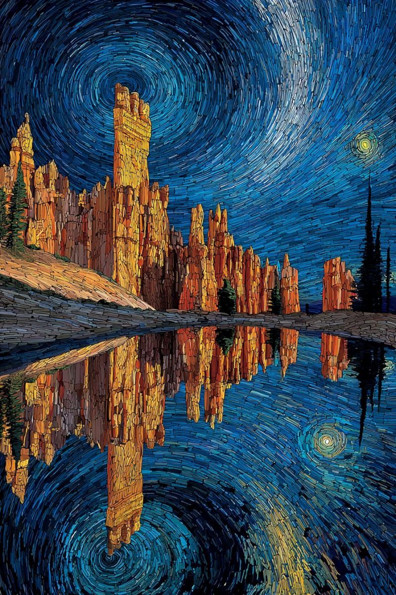 Painting night sky stars reflection water mountain trees colorful texture mosaic geometric pattern design rock formation The artwork depicts a serene landscape under a starry night sky. In the foreground, there is a body of water, possibly a lake or river, reflecting the vibrant orange and yellow rock formations that rise from its surface. These rock formations are intricately detailed, with a mix of sharp and rounded edges, creating a sense of depth and texture. The sky is a deep blue, adorned with swirling patterns of stars that seem to dance around the horizon. The stars are depicted with a mosaic-like technique, giving them a sparkling, almost three-dimensional appearance. On the left side of the image, there are trees and additional rock formations that blend seamlessly into the night. The overall composition is balanced, with the water and sky taking up the lower and upper halves, respectively, while the rock formations serve as a striking middle ground.