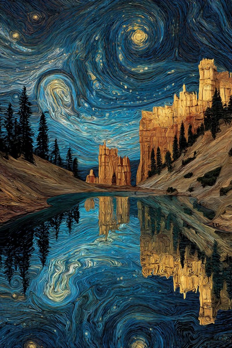 Painting stars moon reflection water trees mountain outdoors nature sky clouds hill forest cliff night rock formation The painting depicts a serene night scene with a river reflecting the sky and a castle-like structure on the right. The sky is a deep blue with swirling patterns of yellow and white, reminiscent of a starry night. The river is calm, mirroring the sky and the castle, which has a golden hue and intricate details. Trees line the riverbanks, and the overall atmosphere is tranquil and mystical.