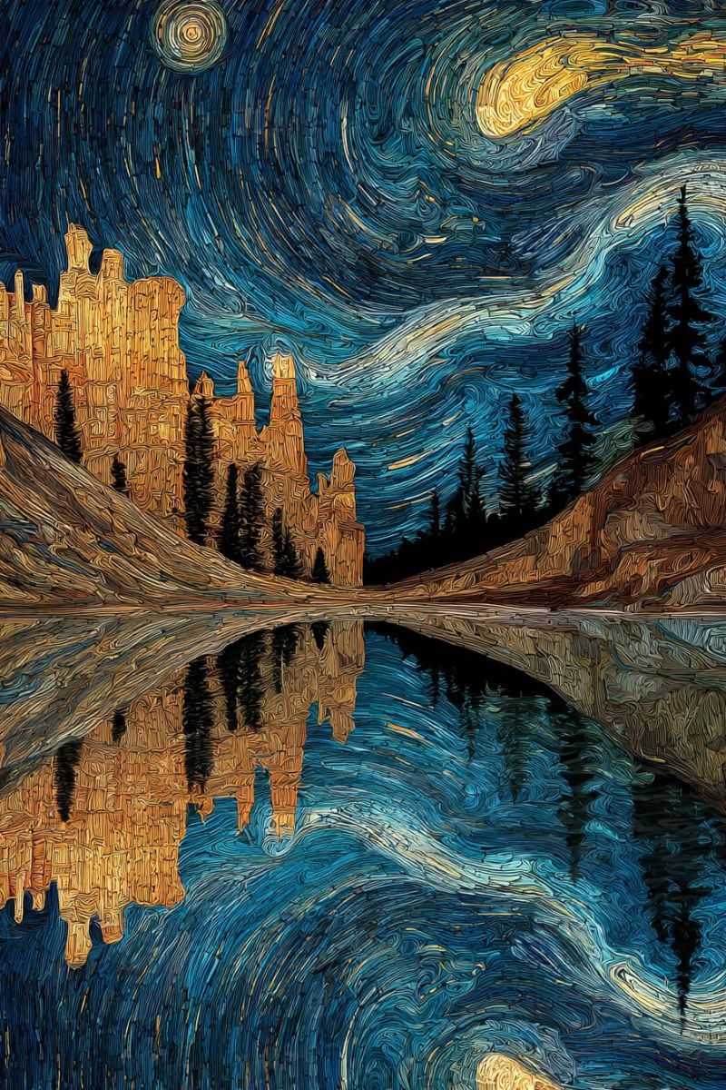 Nuit ciel etoiles reflet eau montagnes arbres rochers texture impressionnisme post pinceau coups moderne contemporain Scène nocturne avec un lac serein reflétant le ciel et le paysage environnant. Le ciel est d'un bleu profond avec des motifs tourbillonnants de jaune et de blanc, rappelant une nuit étoilée. Deux étoiles jaunes proéminentes sont visibles, l'une plus grande et plus radieuse que l'autre. Le premier plan présente un reflet de formations rocheuses dorées qui reflètent les formes des arbres et du ciel au-dessus. Les arbres sont sombres et en silhouette contre le ciel, ajoutant à l'atmosphère tranquille. La composition globale rappelle une peinture de nuit étoilée, avec un accent sur l'interaction entre la lumière, le reflet et les éléments naturels.