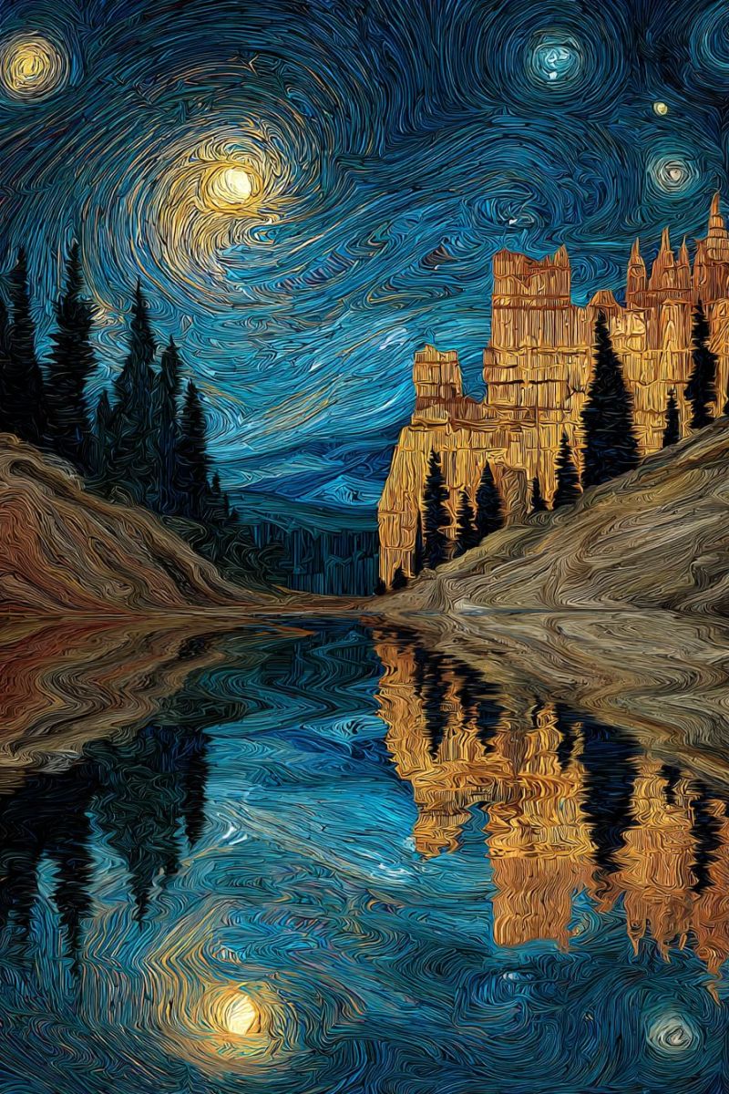 Painting night sky stars moon reflection water trees mountains castle hills forest scenery nature outdoors evening dark The painting depicts a serene night scene with a large, golden castle perched on a hill, surrounded by dark, silhouetted trees. The castle's architecture is detailed with intricate patterns, and it reflects beautifully in the calm, dark blue waters of a river or lake below. The sky is a deep blue, swirling with stars and a bright, glowing moon that casts a warm light over the landscape. The moon is surrounded by a halo of light, adding to the mystical atmosphere. The water's surface is smooth, mirroring the castle and trees, creating a symmetrical reflection. The overall mood is tranquil and magical, with the castle standing majestically against the night sky.