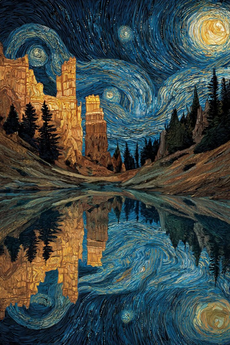 Painting night sky stars reflection water mountains trees rocks cliffs colorful rock formations The painting depicts a serene night scene with a river reflecting the sky and surrounding landscape. The sky is a deep blue with swirling patterns of stars and a bright moon in the center. The moon is surrounded by a golden halo, adding a mystical touch. On the left side, there are tall, golden-hued rock formations that mirror in the water below. The water is calm, with gentle ripples reflecting the sky and rocks. On the right, there are dark, dense trees and a hill covered in trees. The overall scene is peaceful and dreamlike, with a sense of tranquility and beauty.