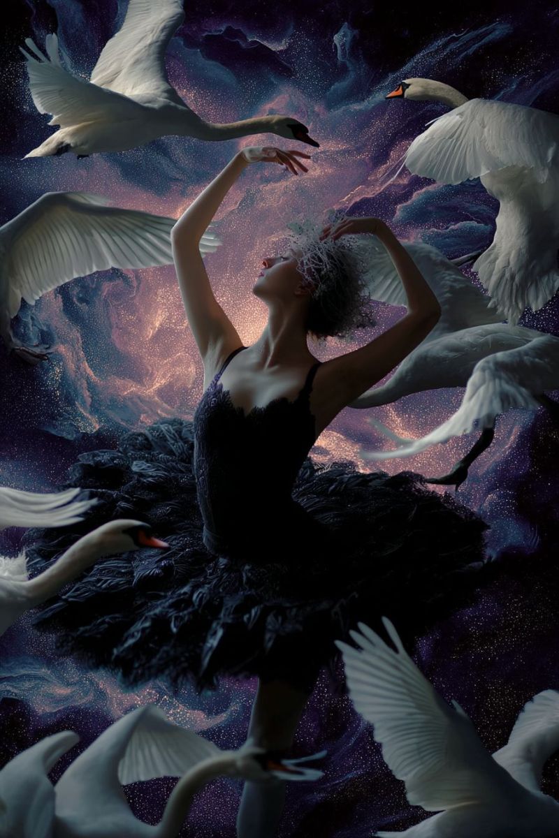 Ballet dancer performance grace beauty fantasy imagination creativity expression movement swan feathers wings night sky stars clouds dark A ballerina in a black tutu stands gracefully with her arms raised, surrounded by white swans in flight. The swans are depicted with their wings spread, creating a dynamic and ethereal atmosphere. The background is a blend of purple and blue hues, resembling a starry night sky, adding to the magical and surreal quality of the scene. The ballerina's pose and the swans' movements suggest a sense of freedom and grace, evoking a feeling of wonder and enchantment.