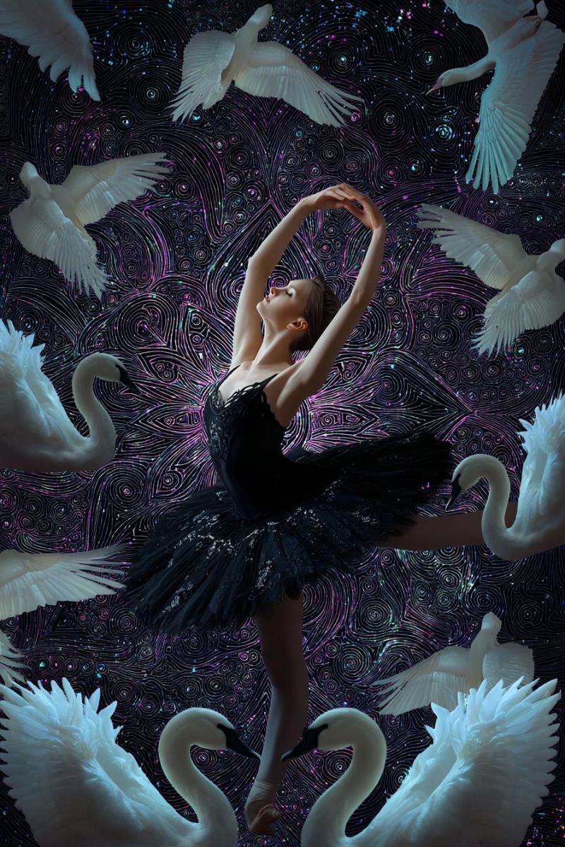 Ballet dancer ballerina performance grace dance swan classical elegant costume A ballerina in a black tutu is gracefully performing a ballet pose with her arms raised above her head. She is surrounded by white swans, some of which appear to be flying. The background is a swirling, abstract design with purple and pink hues, giving the impression of a starry night sky. The overall scene is ethereal and dreamlike.
